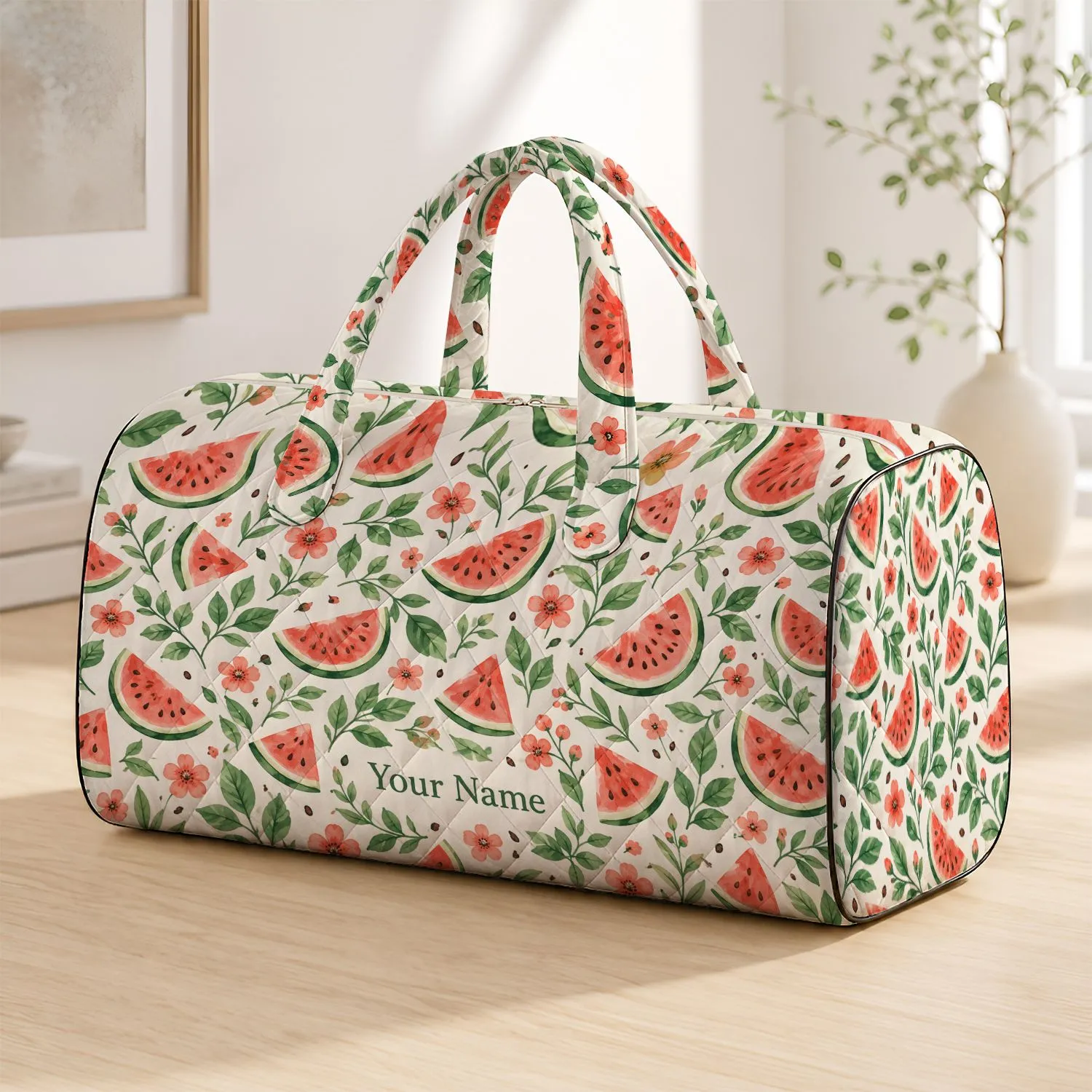 Watermelon and Sage Green Botanicals for Sunny Summer Getaways, Beach Days and Picnics Quilted Weekend Bag - 1
