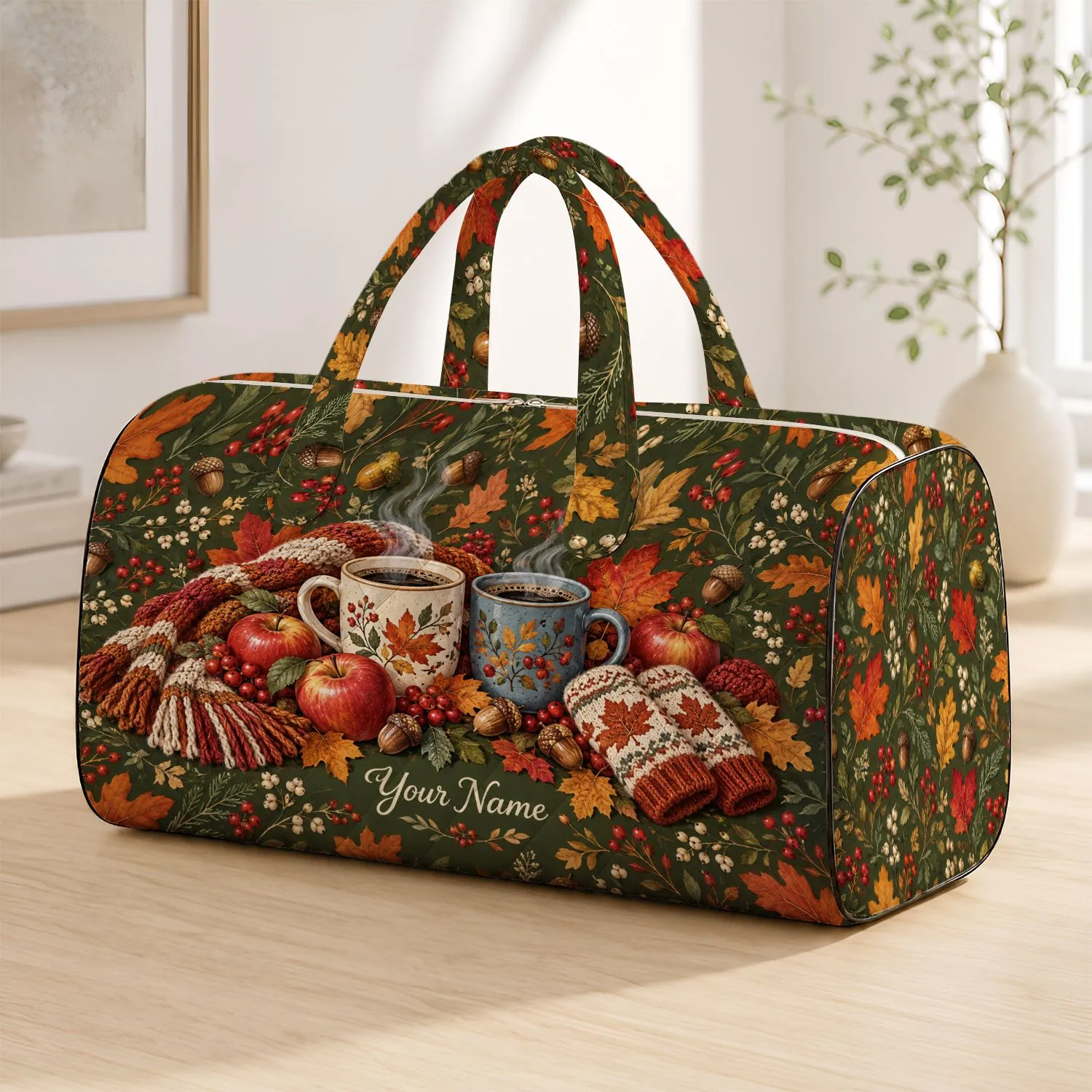 Autumn Coffee Mugs, Apples, Leaves and Cozy Knitwear for Crisp Weekend Cafe Days Quilted Weekend Bag - 1