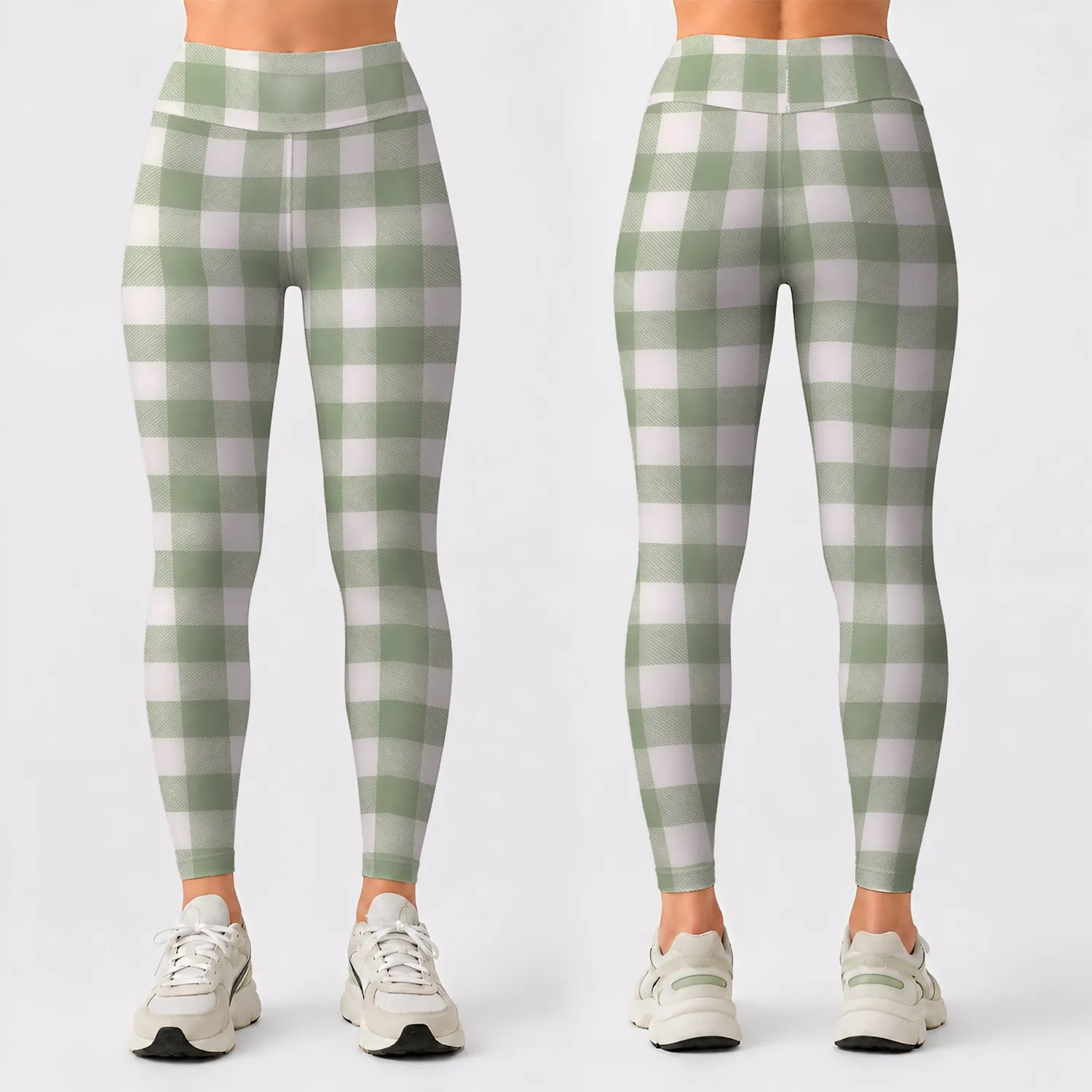 Sage Green Gingham Checks for Yoga Pilates and Everyday Casual Wear Leggings - 1