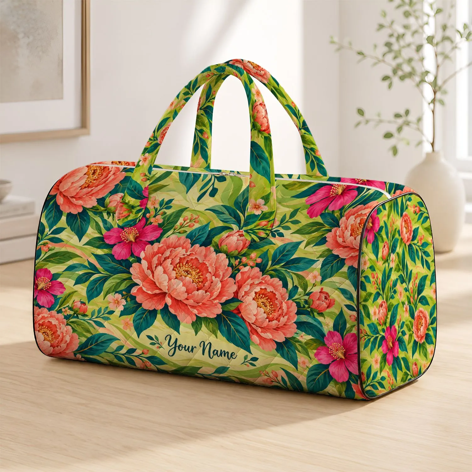 Lime Floral Waves With Coral Blooms for Lakeside Weekend Escapes and Getaways Quilted Weekend Bag - 1