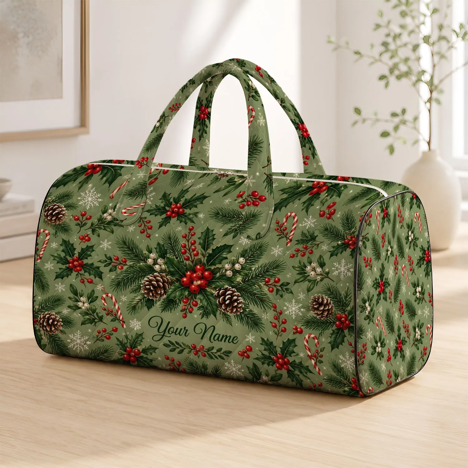 Sage Pine Holly and Candy Cane Christmas Motifs for Cozy Winter Holiday Travel Quilted Weekend Bag - 1