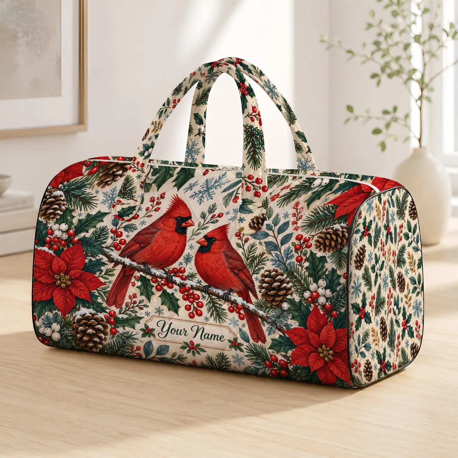 Winter Cardinals, Holly and Pinecones for Cozy Cabin Seasonal Holiday Travel Getaways Quilted Weekend Bag - 1