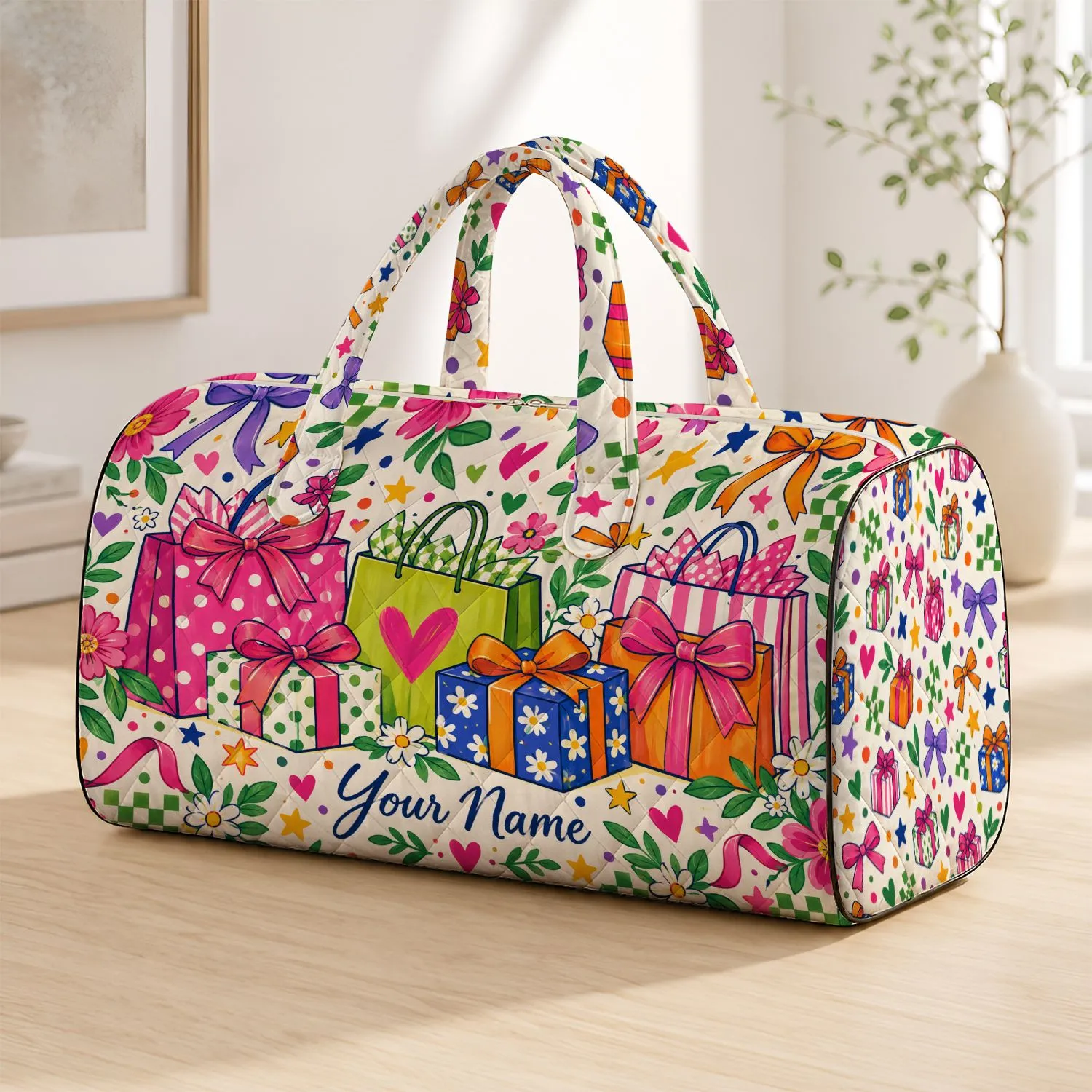 Colorful Gift Bags, Bows and Stars for Festive Holiday Shopping and Weekend Getaways Quilted Weekend Bag - 1