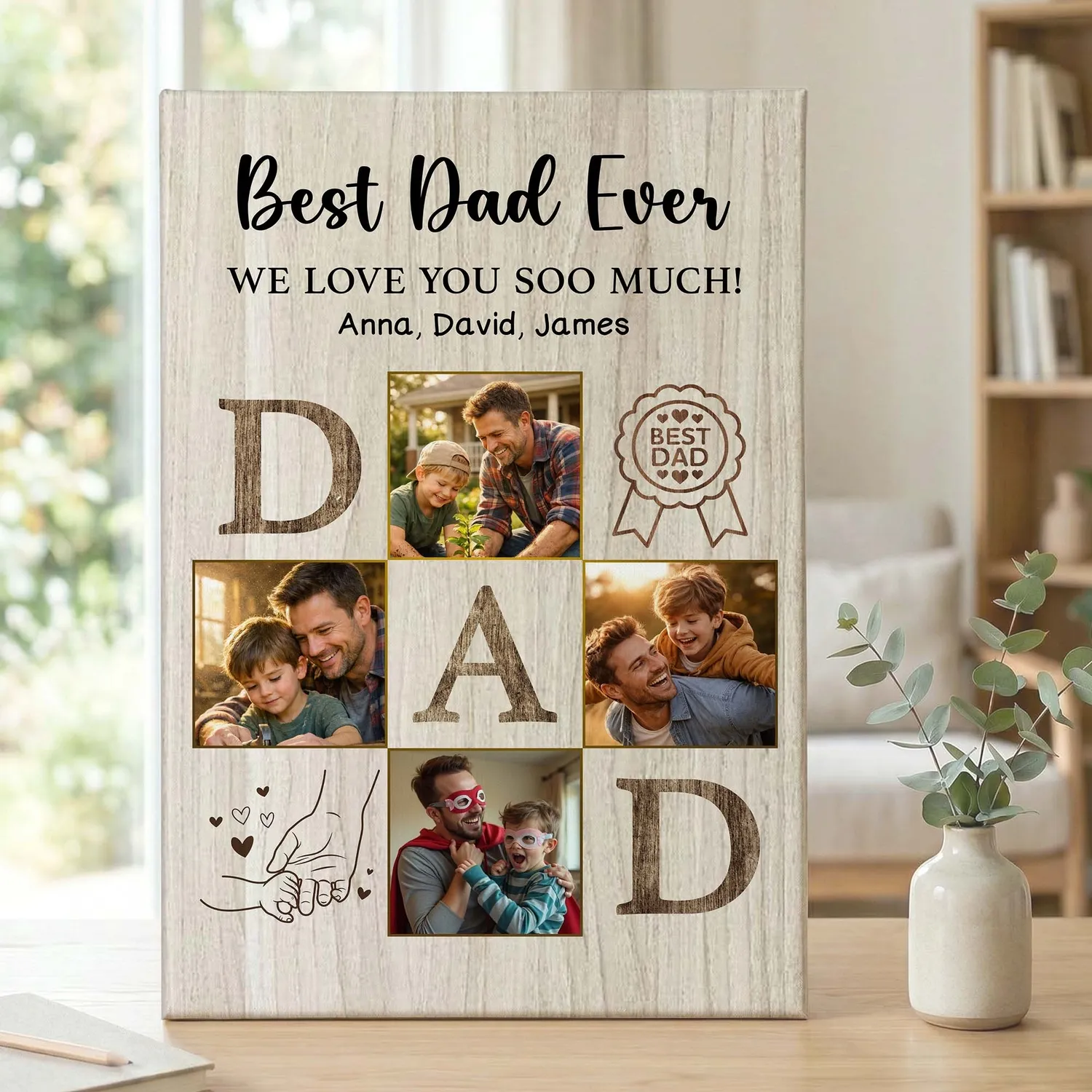 Personalized DAD Photo Collage Canvas – Custom 4 Photo Best Dad Ever Art with Kids Names, Christmas Gift for Father - 1