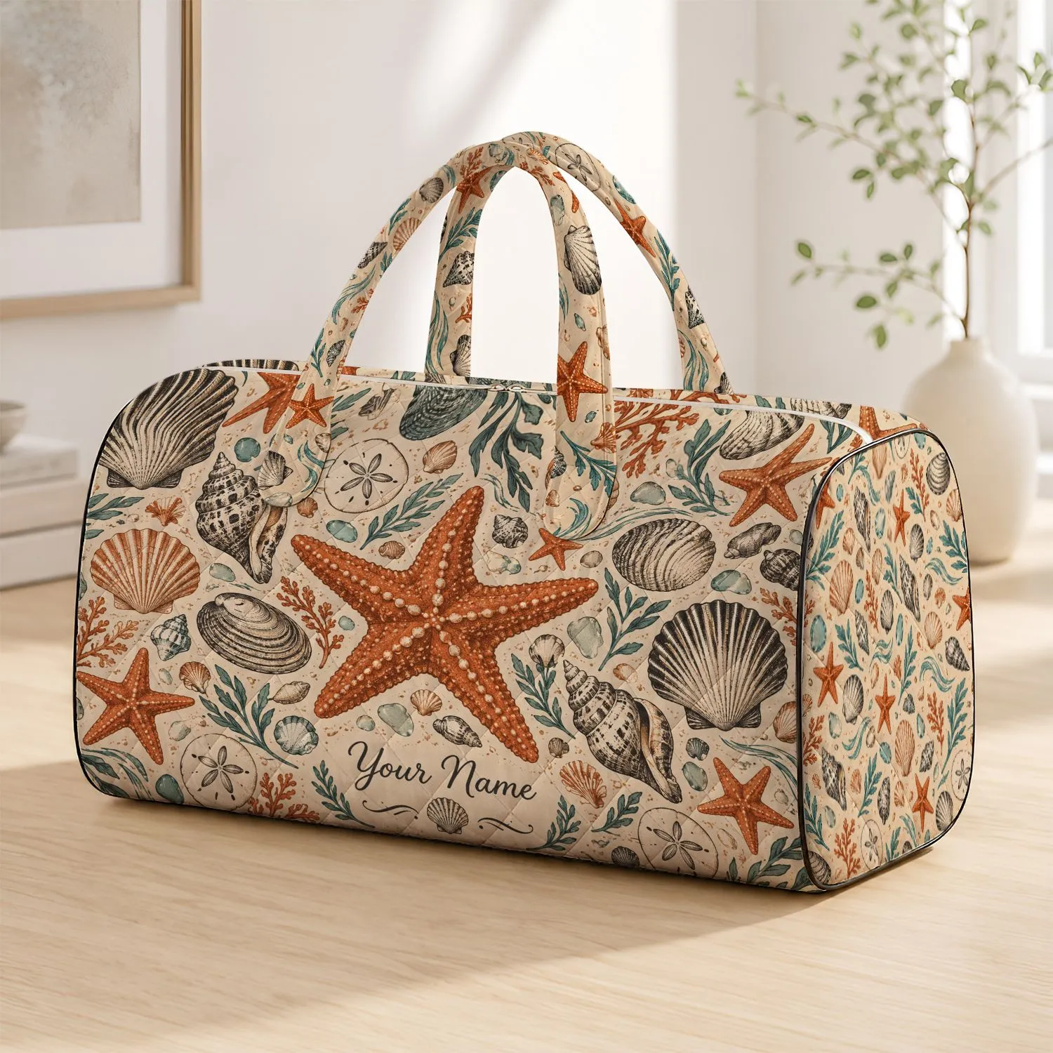 Rust Starfish and Seashells for Coastal Pier Days and Relaxed Weekend Beach Getaways Quilted Weekend Bag - 1