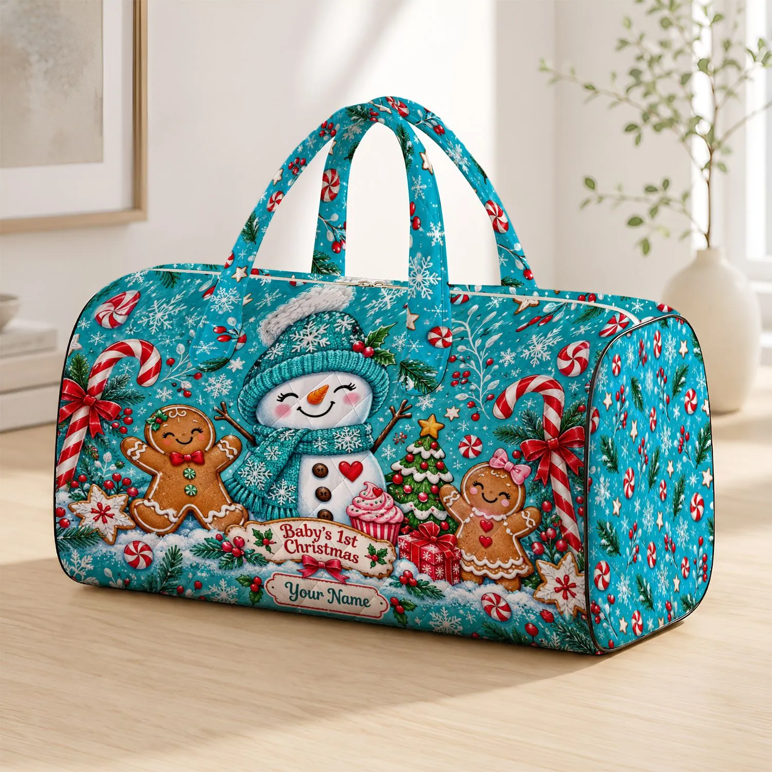 Aqua Snowman Gingerbread Cupcakes for Baby's First Christmas Holiday Celebration Quilted Weekend Bag - 1