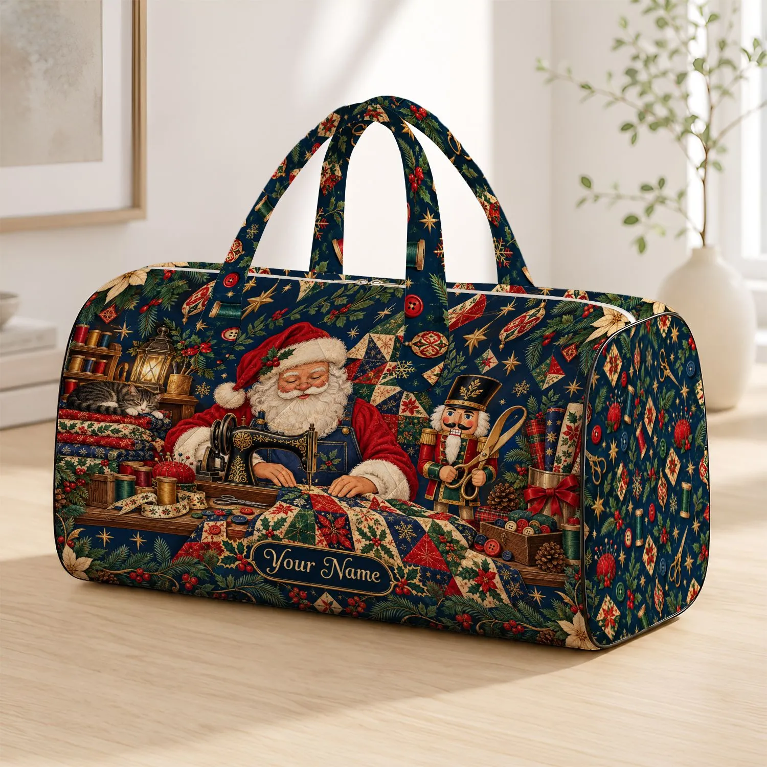 Santa Tailor Workshop Christmas Sewing Scene for Festive Holiday Travel and Craft Lovers Quilted Weekend Bag - 1