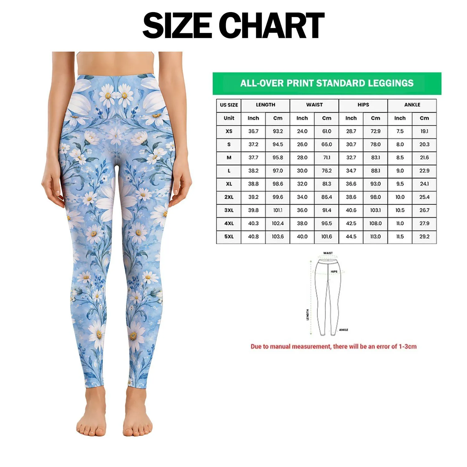 Powder Blue Daisy Florals for Yoga, Pilates and Everyday Spring Style Leggings - 1