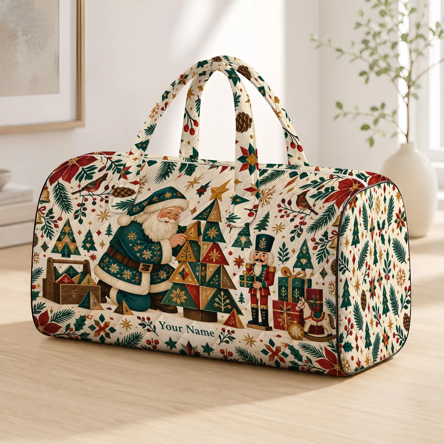 Geometric Santa and Nutcracker Christmas Scene for Festive Holiday Travel Quilted Weekend Bag - 1