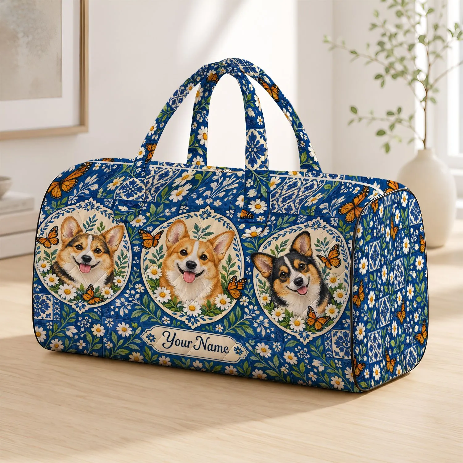 Corgi Portraits, Orange Butterflies and Daisies for Cheerful Weekend Getaways and Travel Quilted Weekend Bag - 1