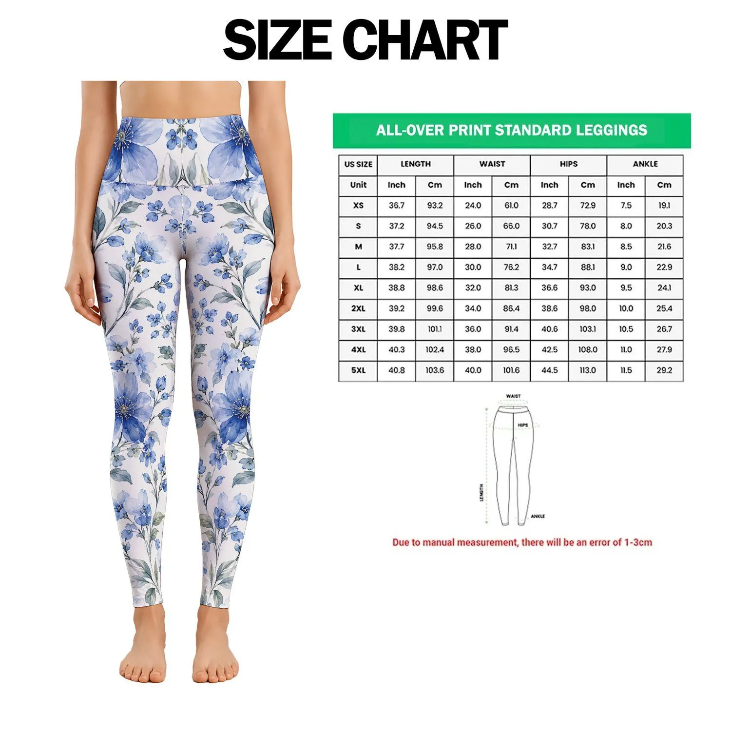 Blue Watercolor Blossoms for Yoga, Pilates and Relaxed Everyday Studio-to-Street Style Leggings - 1