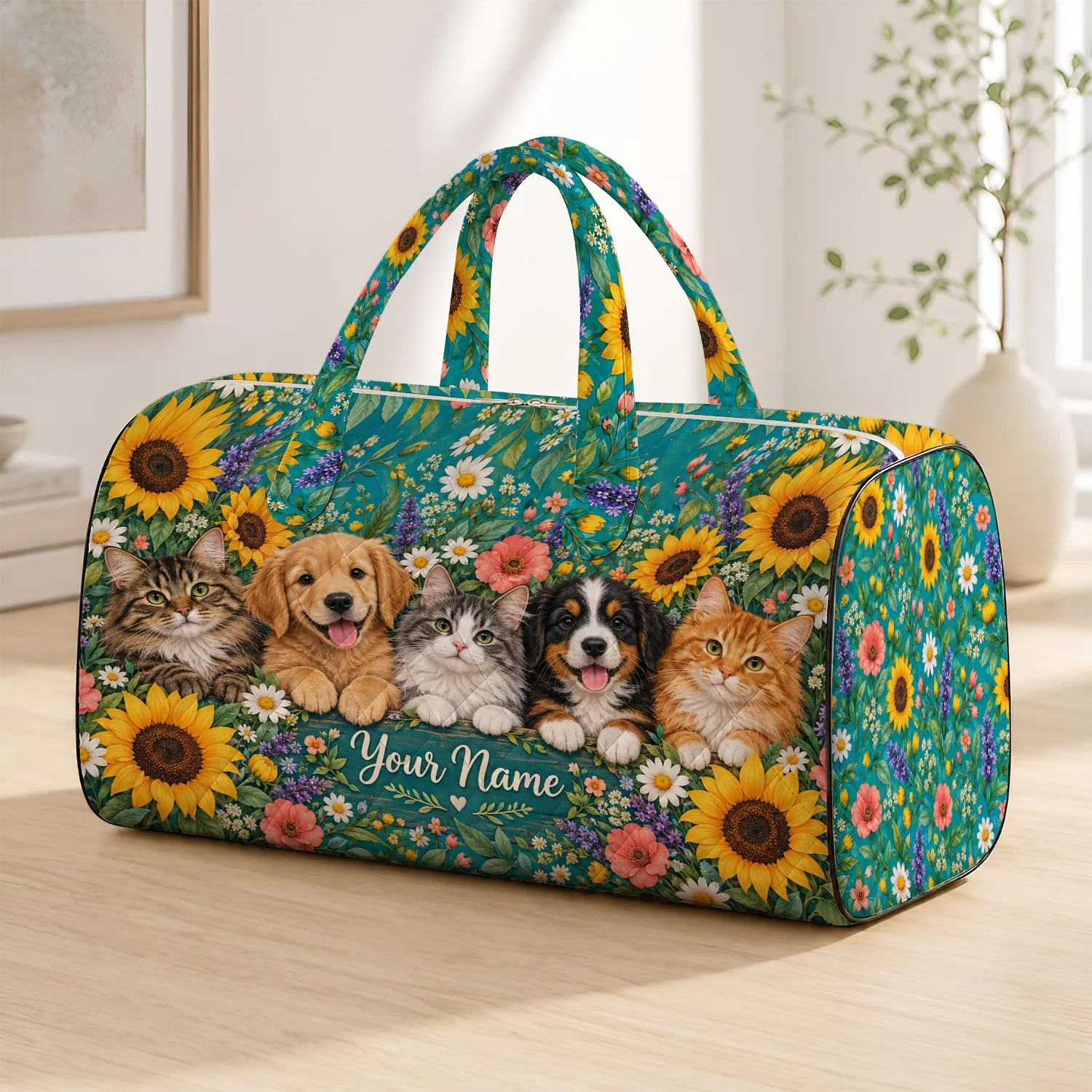 Pastel Aqua Cats, Puppies and Sunflowers for Sunny Garden Getaways and Pet Lovers Quilted Weekend Bag - 1