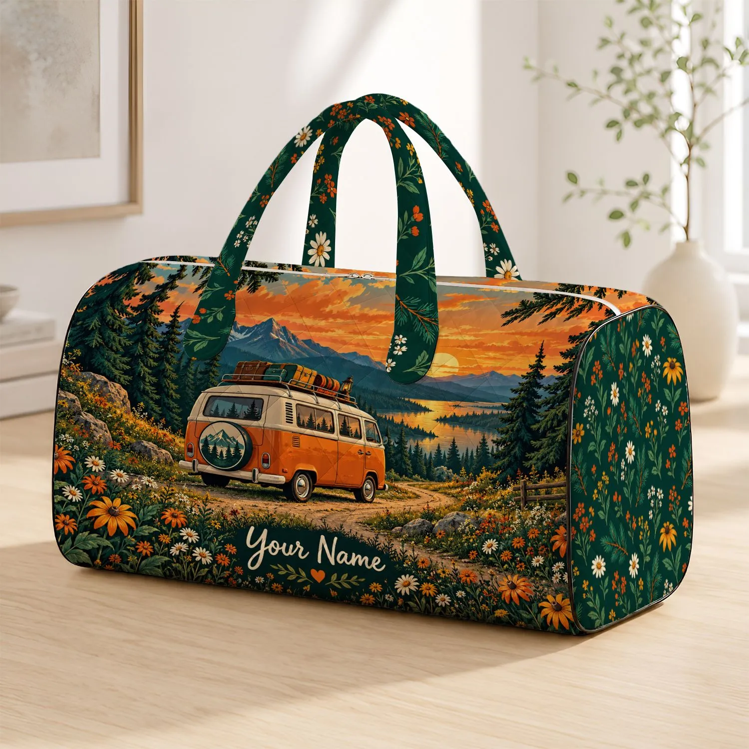 Retro Camper in Sunset Pine Forest with Wildflowers for Scenic Weekend Getaways Quilted Weekend Bag - 1