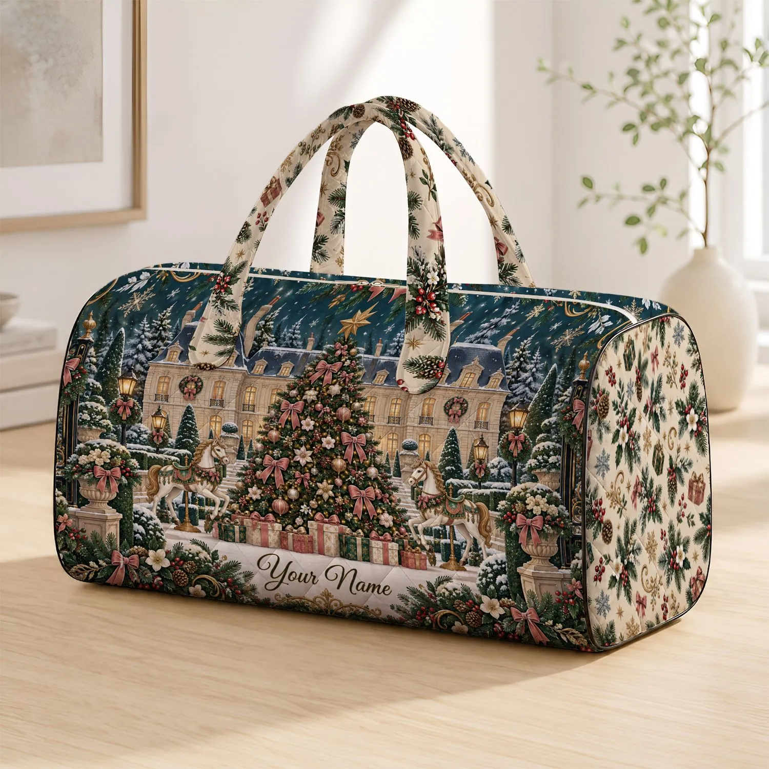 French Palace Christmas Garden Scene for Elegant Holiday Getaways and Winter Travel Quilted Weekend Bag - 1