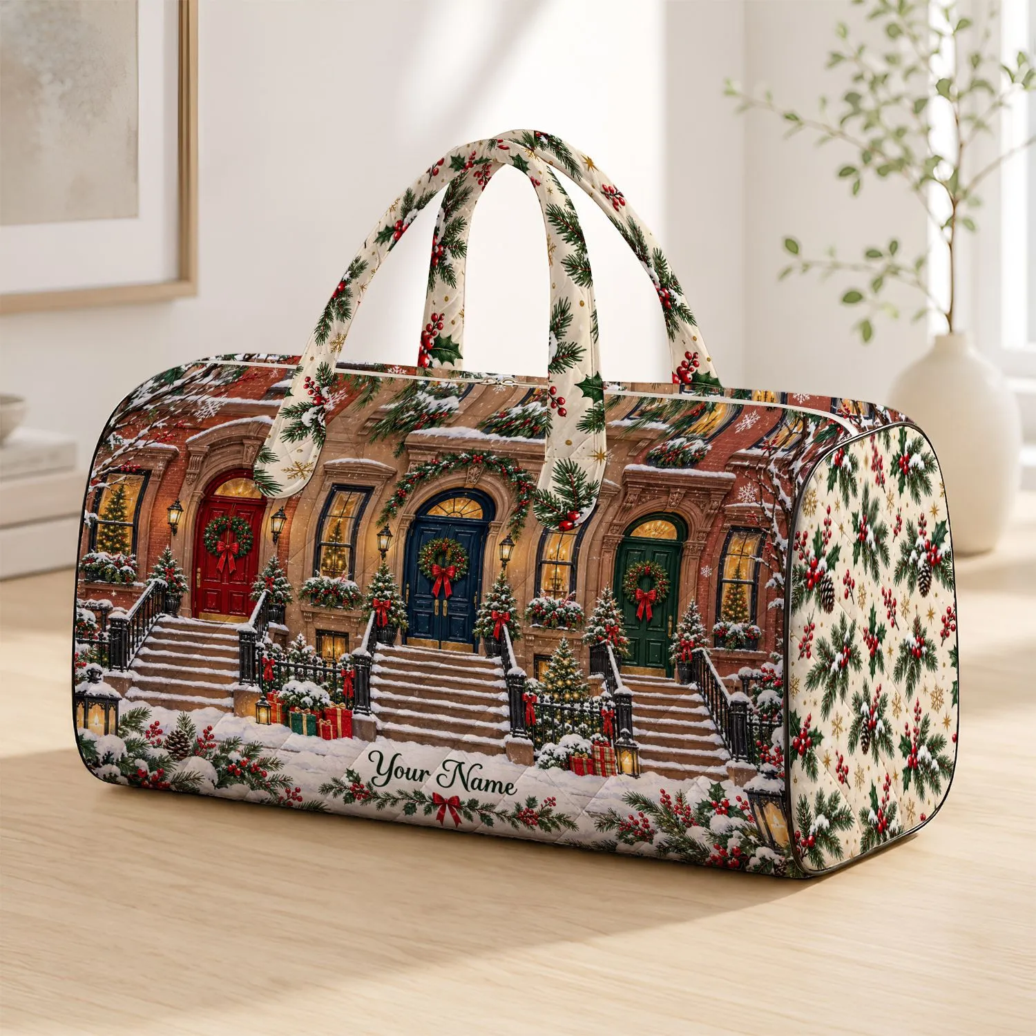 Snowy Brownstone Christmas Door Scene for Festive Winter Travel and Holiday Getaways Quilted Weekend Bag - 1