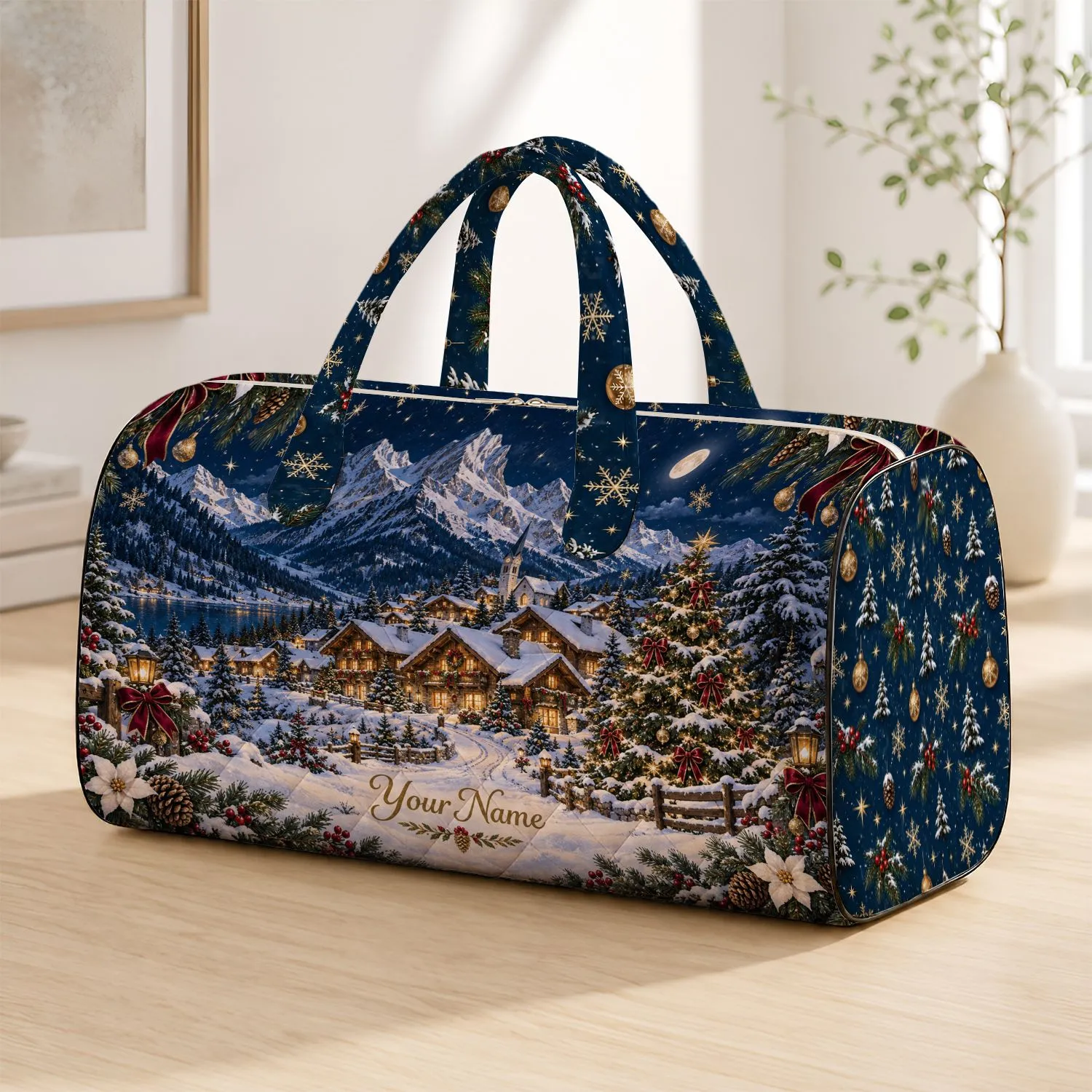 Alpine Snow Village and Christmas Cabin Scenery for Cozy Winter Holiday Getaways Quilted Weekend Bag - 1