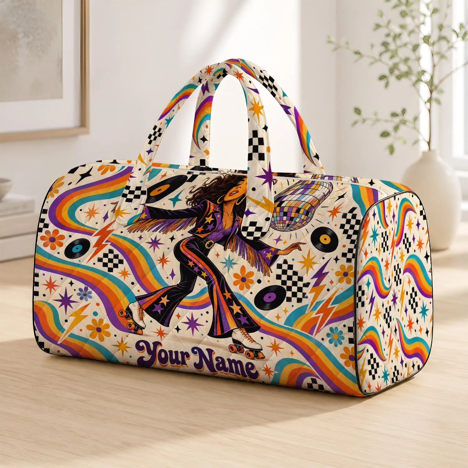 Retro Roller Skate and Vinyl Record Nostalgia for Disco Nights and Weekend Getaways Quilted Weekend Bag - 1