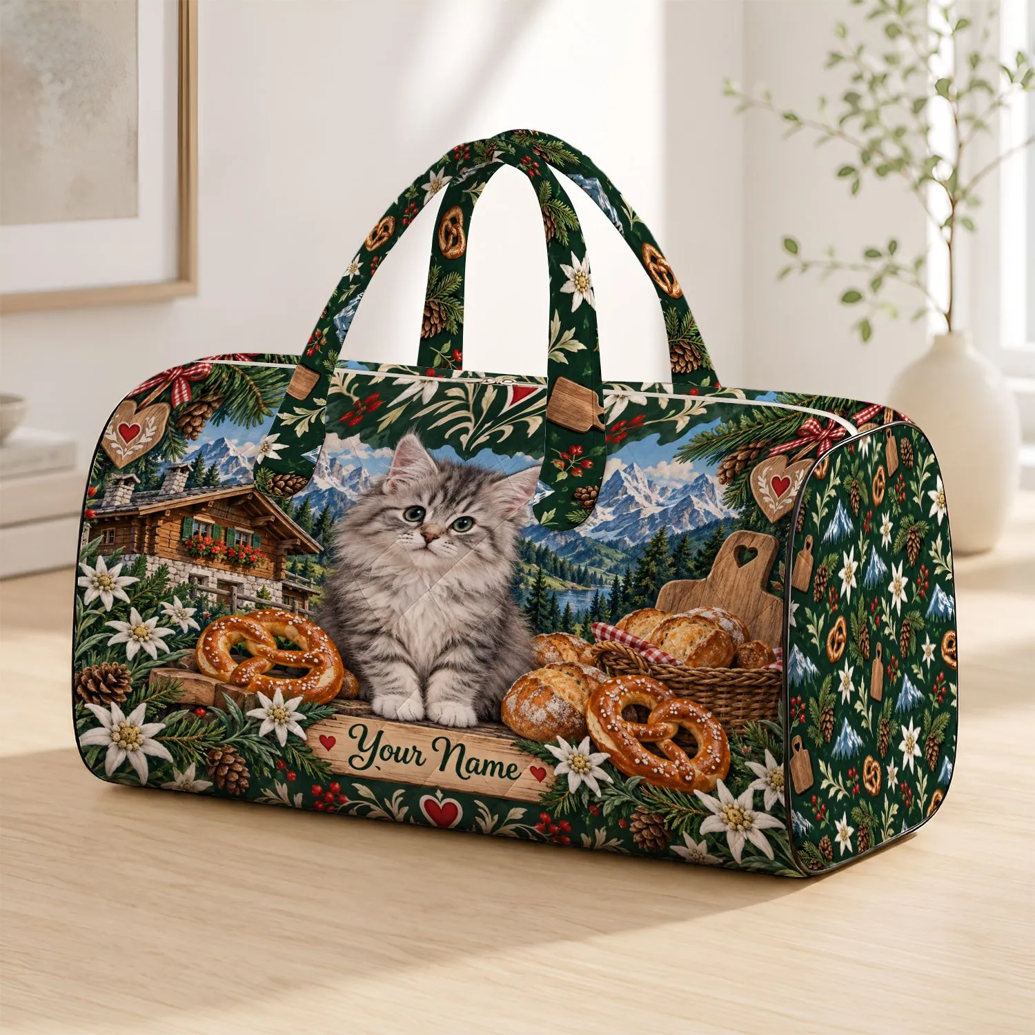 Fluffy Alpine Bakery Cat, Cabin And Pretzels For Cozy Mountain Getaway Adventures Quilted Weekend Bag - 1