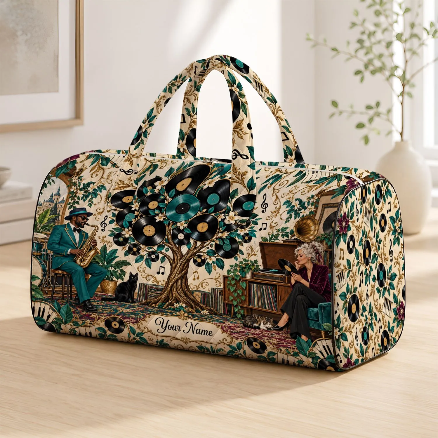 Retro Vinyl Record Tree And Jazz Musicians For Music Lover Weekend Travel Escapes Quilted Weekend Bag - 1