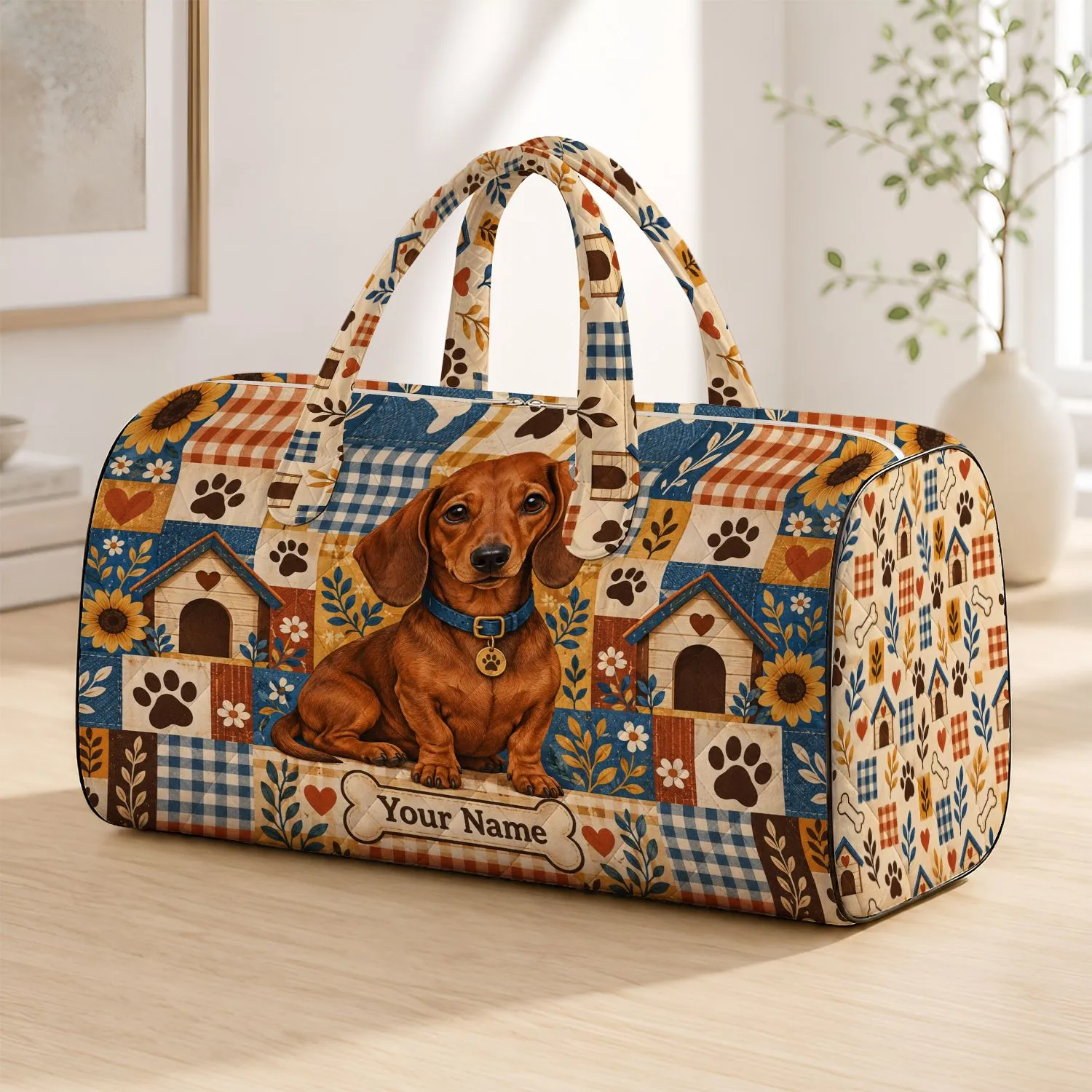 Puppy Paw And Dachshund Patchwork For Cozy Pet Lover Getaways And Family Travel Quilted Weekend Bag - 1