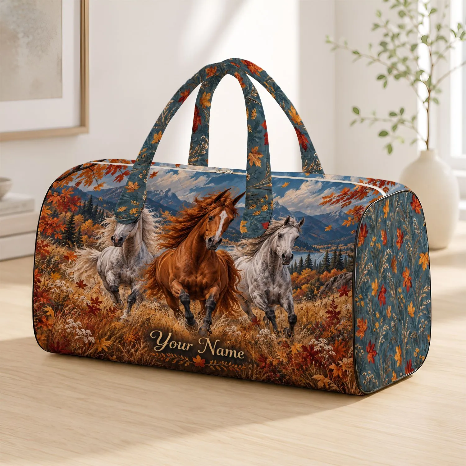 Three Running Horses in Autumn Fields for Scenic Fall Travel and Weekend Getaways Quilted Weekend Bag - 1