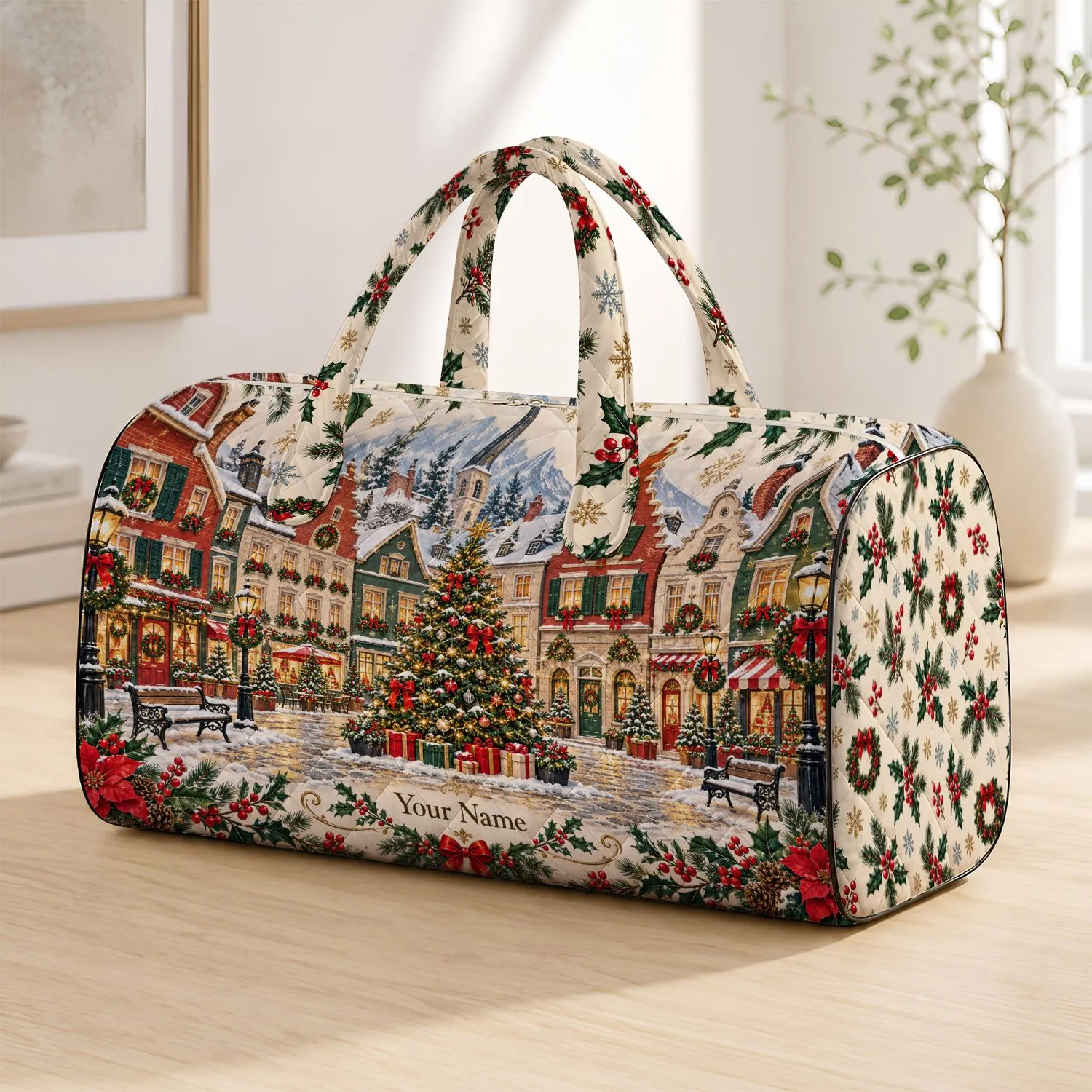 Snowy European Christmas Village for Festive Holiday Travel and Cozy Winter Getaways Quilted Weekend Bag - 1