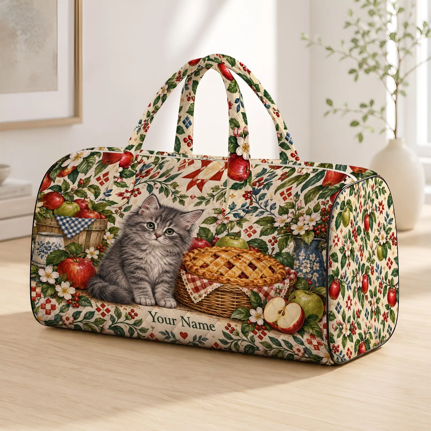 Gray Kitten with Apple Pie and Orchard Fruit for Cozy Autumn Getaways and Travel Quilted Weekend Bag - 1
