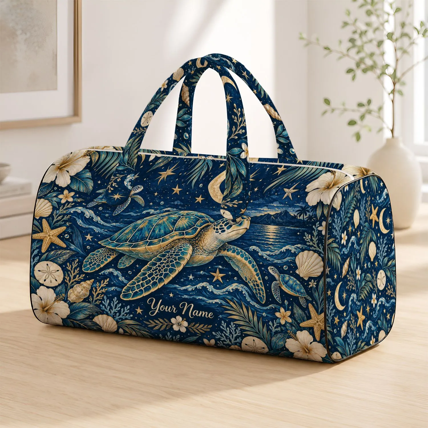 Blue Coastal Sea Turtles, Moons and Shells for Relaxed Beach Getaways and Ocean Lovers Quilted Weekend Bag - 1