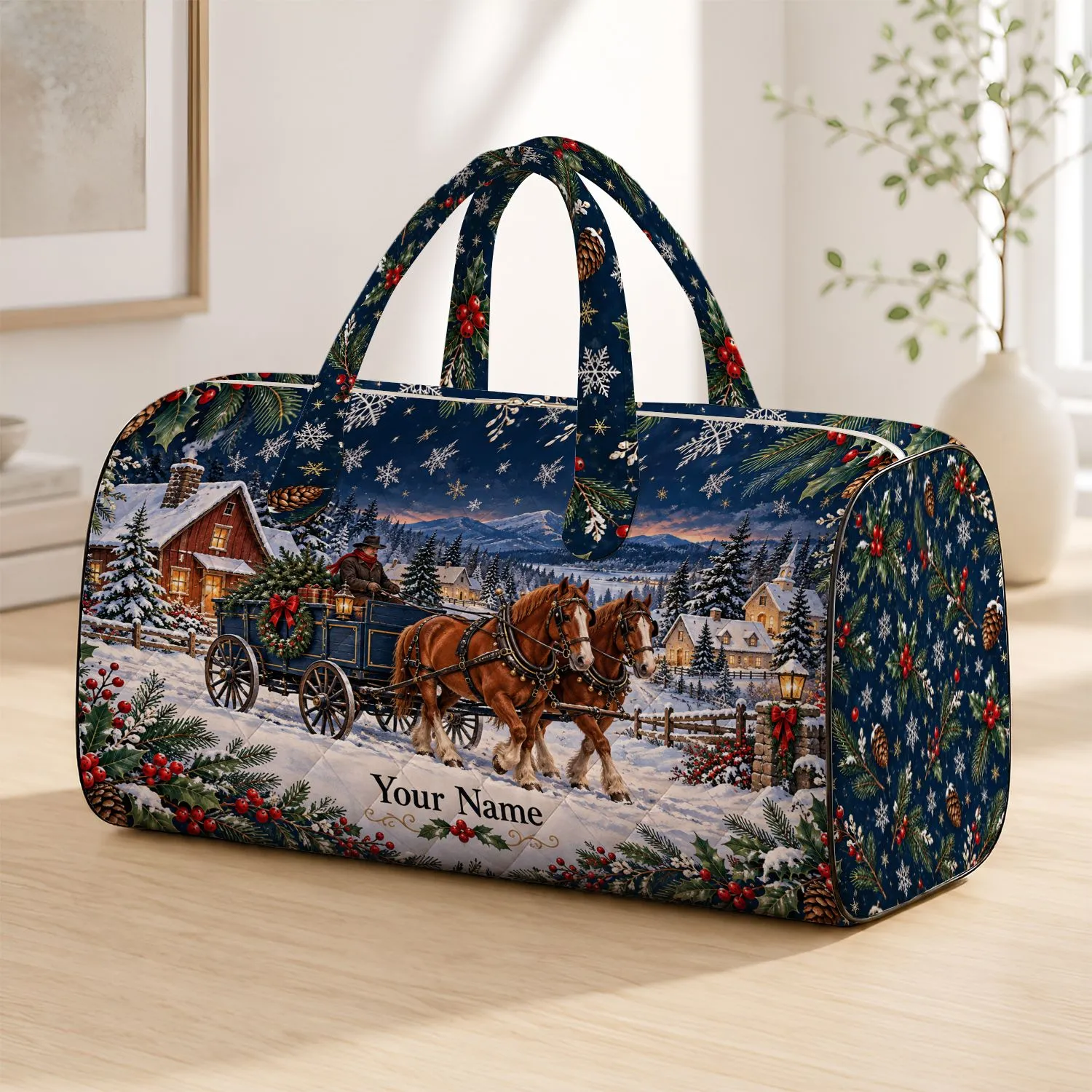 Rustic Blue Horse-Drawn Winter Wagon Through Snowy Pines for Cozy Holiday Travel Quilted Weekend Bag - 1