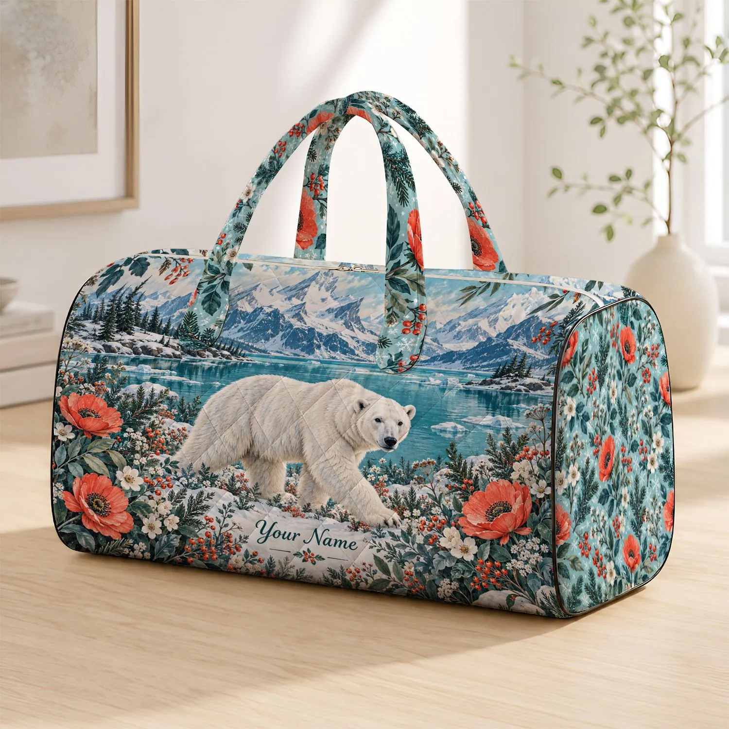 Polar Bear Amid Coral Arctic Wildflowers for Peaceful Winter Getaways and Nature Lovers Quilted Weekend Bag - 1