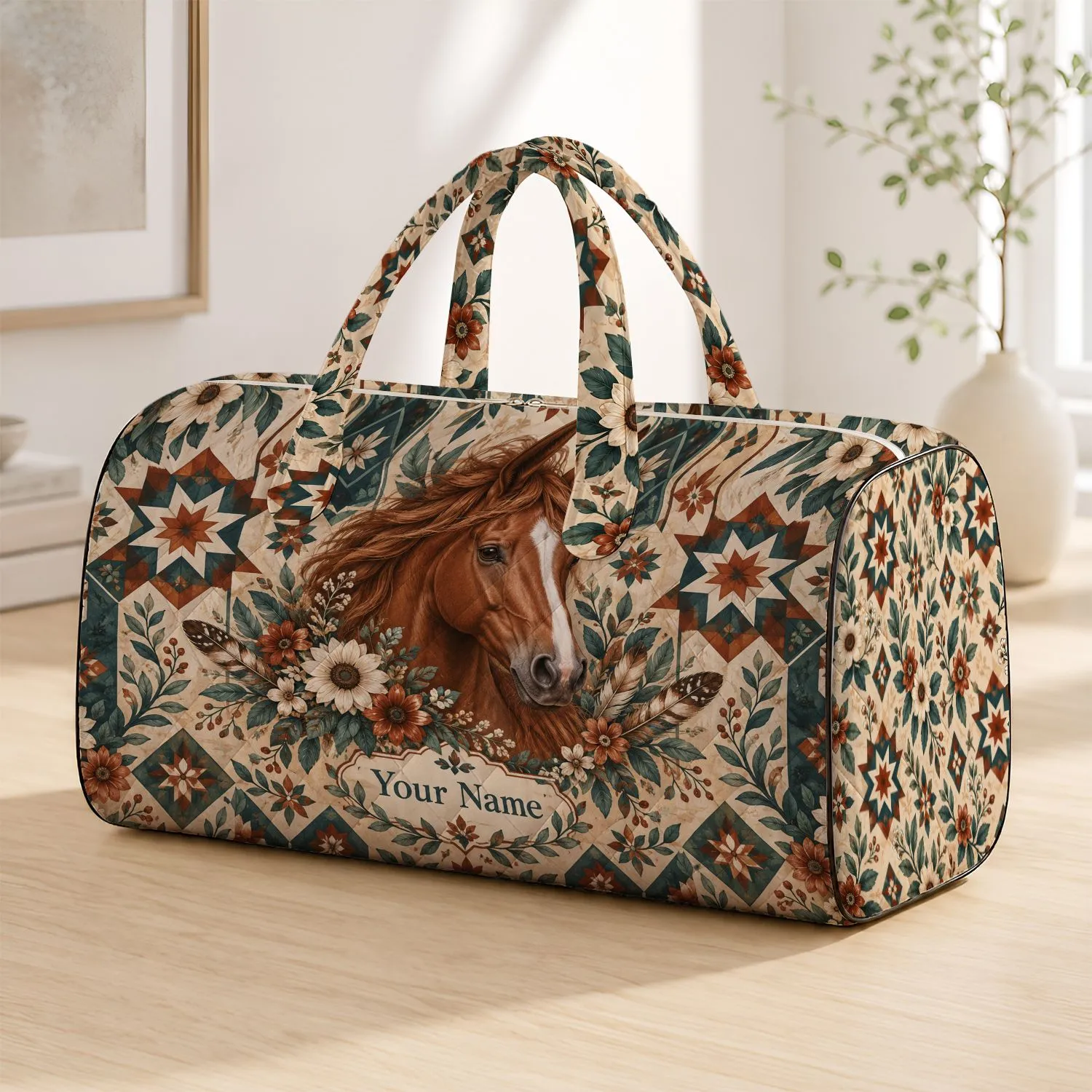 Rustic Horse and Wildflower Keepsake for Weekend Getaways and Country Trail Escapes Quilted Weekend Bag - 1