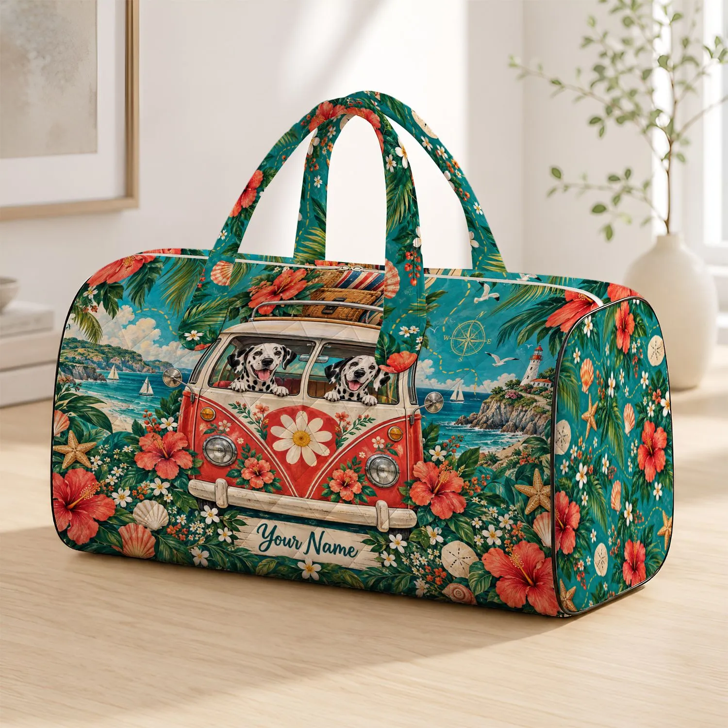 Dalmatian Camper by the Sea for Retro Coastal Road Trips and Relaxed Beach Getaways Quilted Weekend Bag - 1