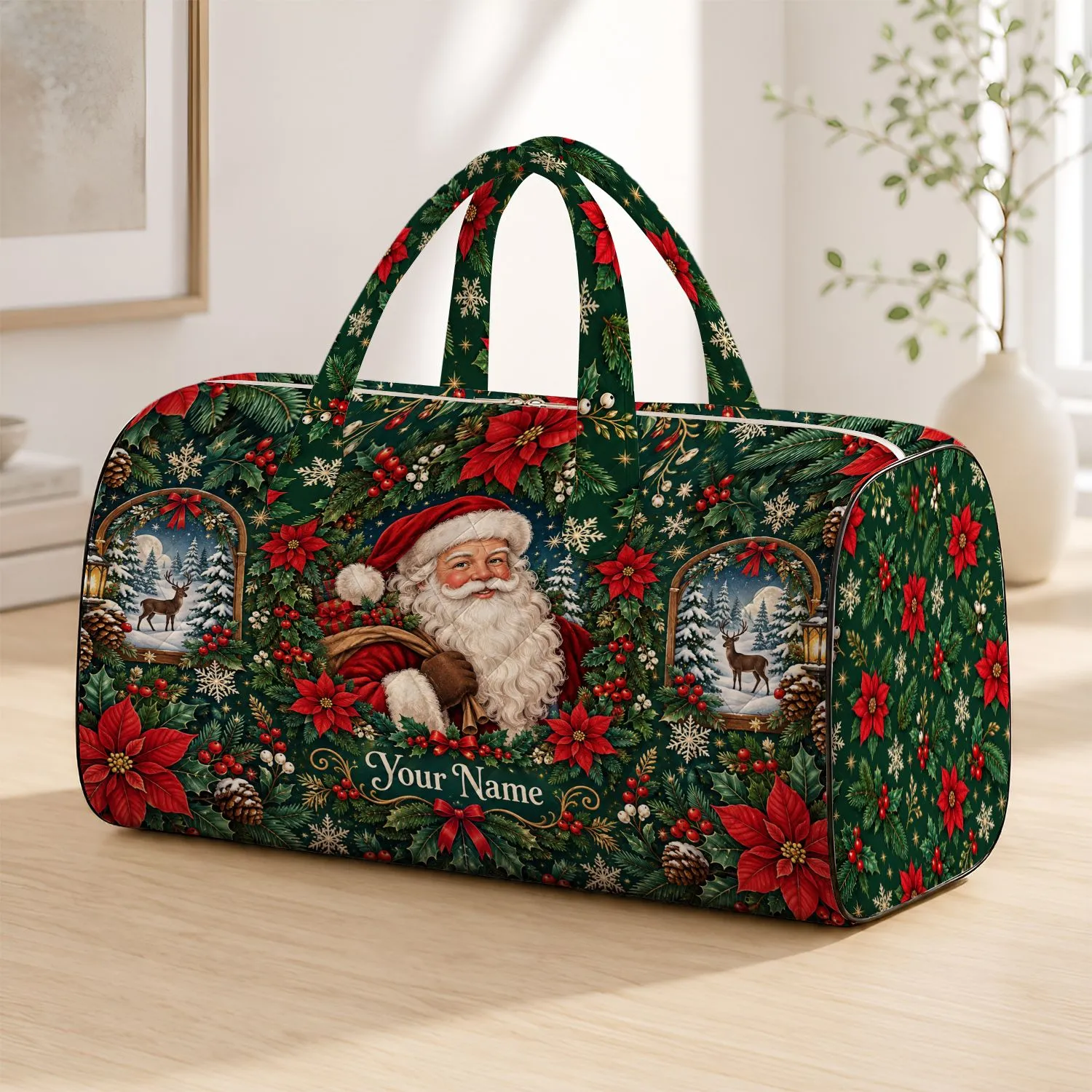Vintage Christmas Holly, Poinsettia And Snowflakes For Cozy Winter Holiday Travel Quilted Weekend Bag - 1