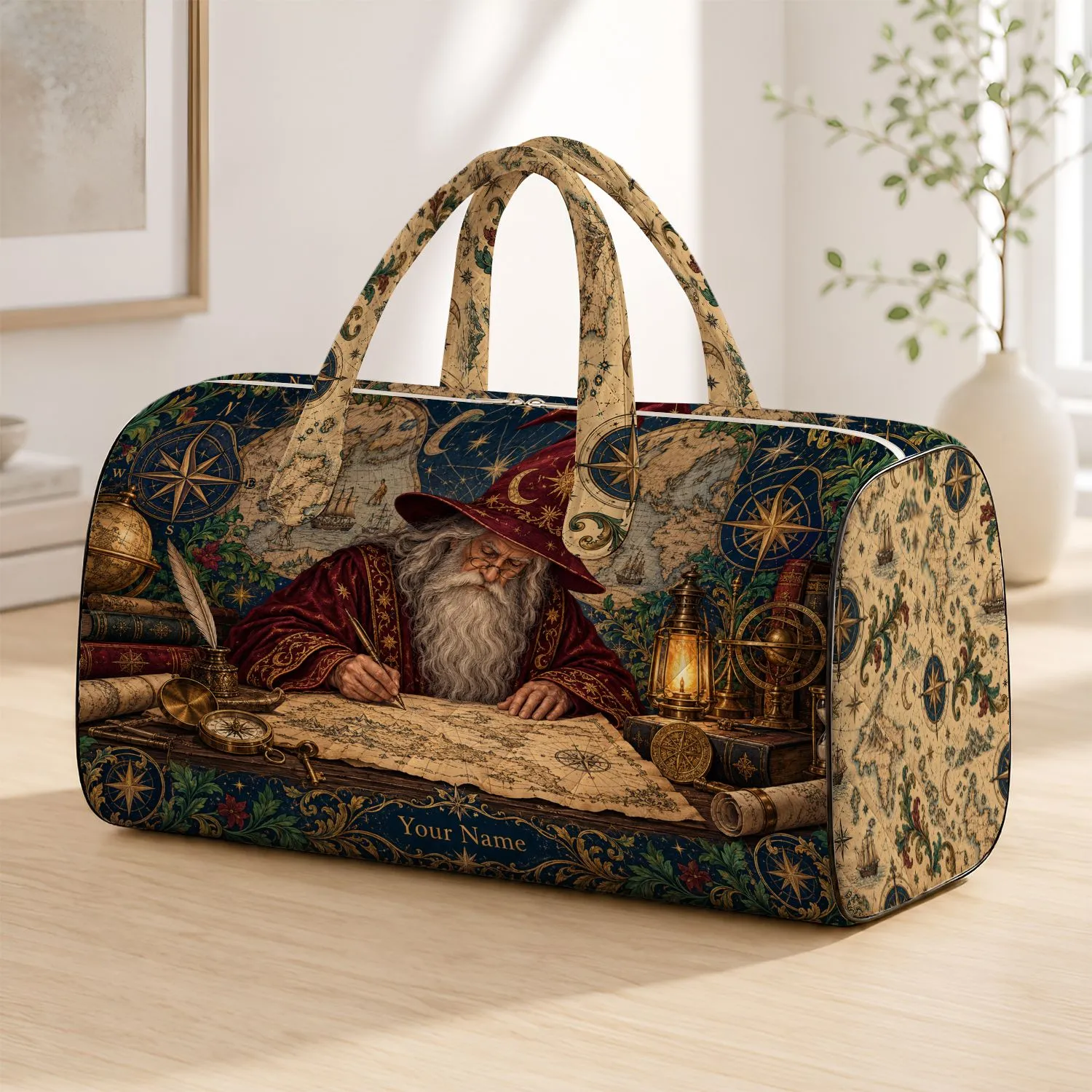Ancient Map Wizard And Compass Motifs For Curious Travelers And Weekend Explorers Quilted Weekend Bag - 1