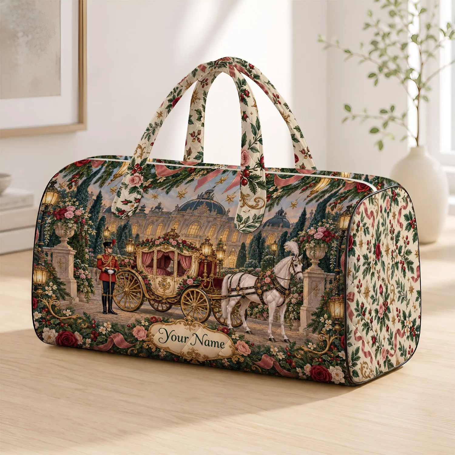 Royal Carriage and Palace Garden Scene for Romantic European Getaways Quilted Weekend Bag - 1