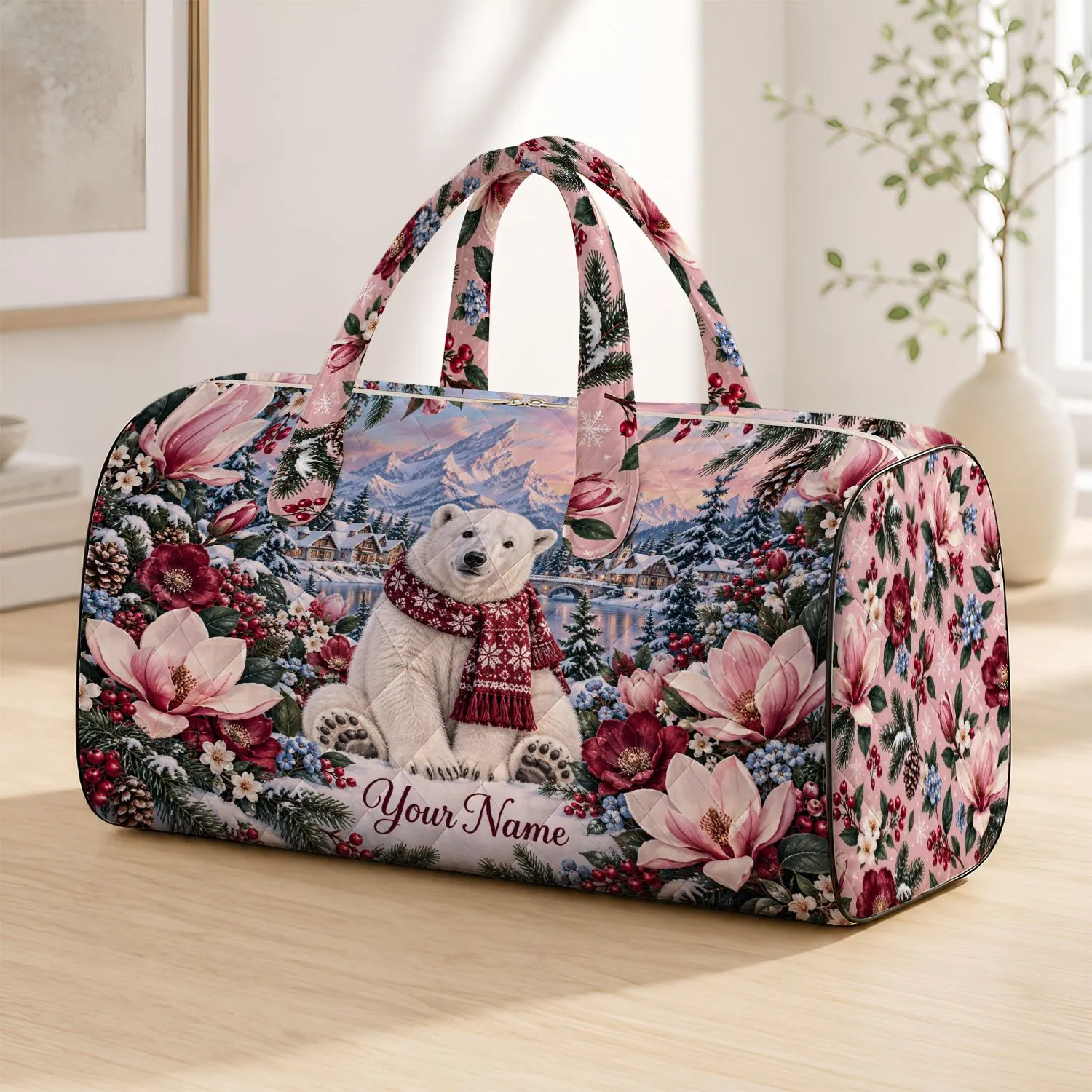 Polar Bear Among Pink Blossoms for Cozy Winter Getaways and Scenic Nature Lovers Quilted Weekend Bag - 1