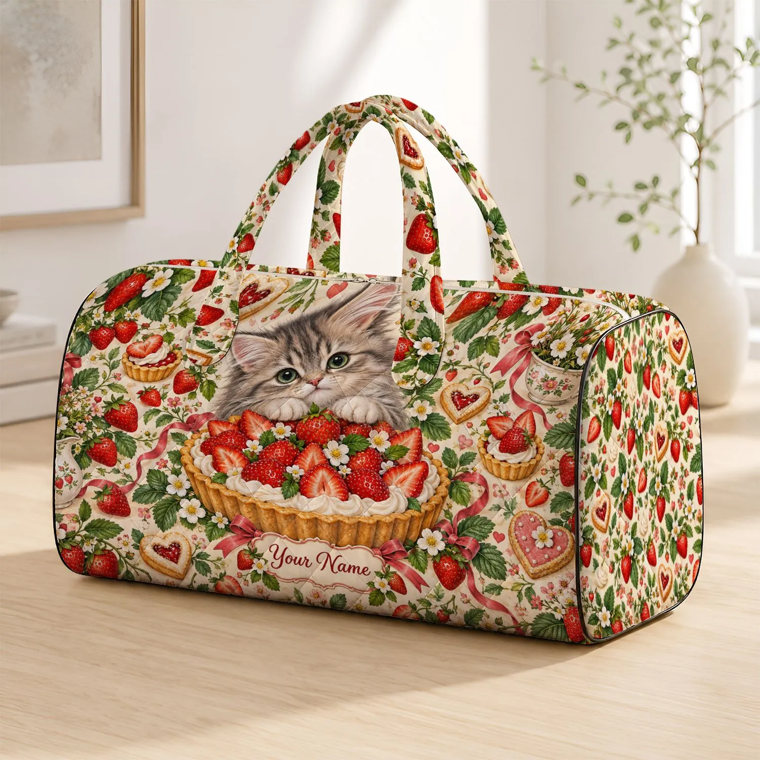 Strawberry Tart Kitten Bakery Delight for Sweet Weekend Getaways and Picnic Lovers Quilted Weekend Bag - 1