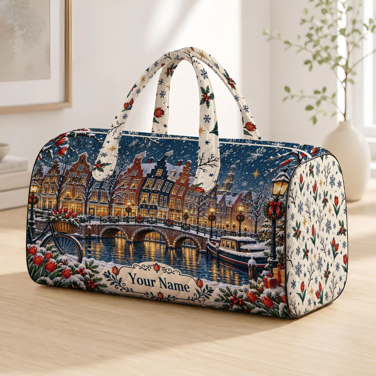 Snowy Dutch Canal Houses and Christmas Tree for European Winter Holiday Getaways Quilted Weekend Bag - 1