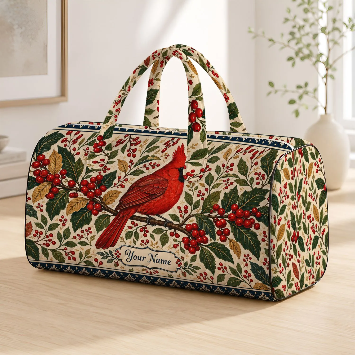 Red Cardinal and Berry Branches for Cozy Autumn Getaways and Woodland Nature Lovers Quilted Weekend Bag - 1