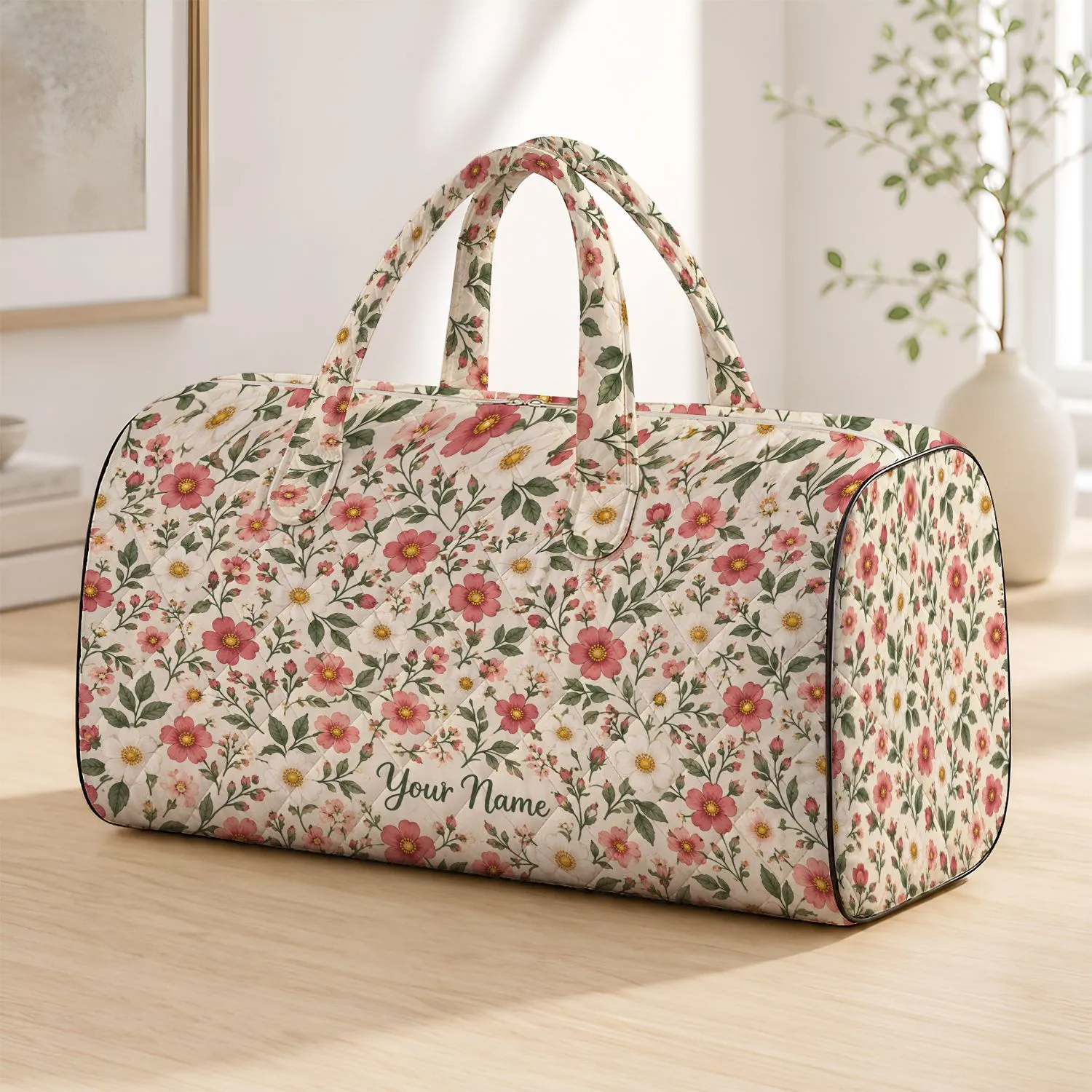 Cream Meadow Florals for Relaxed Weekend Getaways and Sunny Everyday Travel Adventures Quilted Weekend Bag - 1