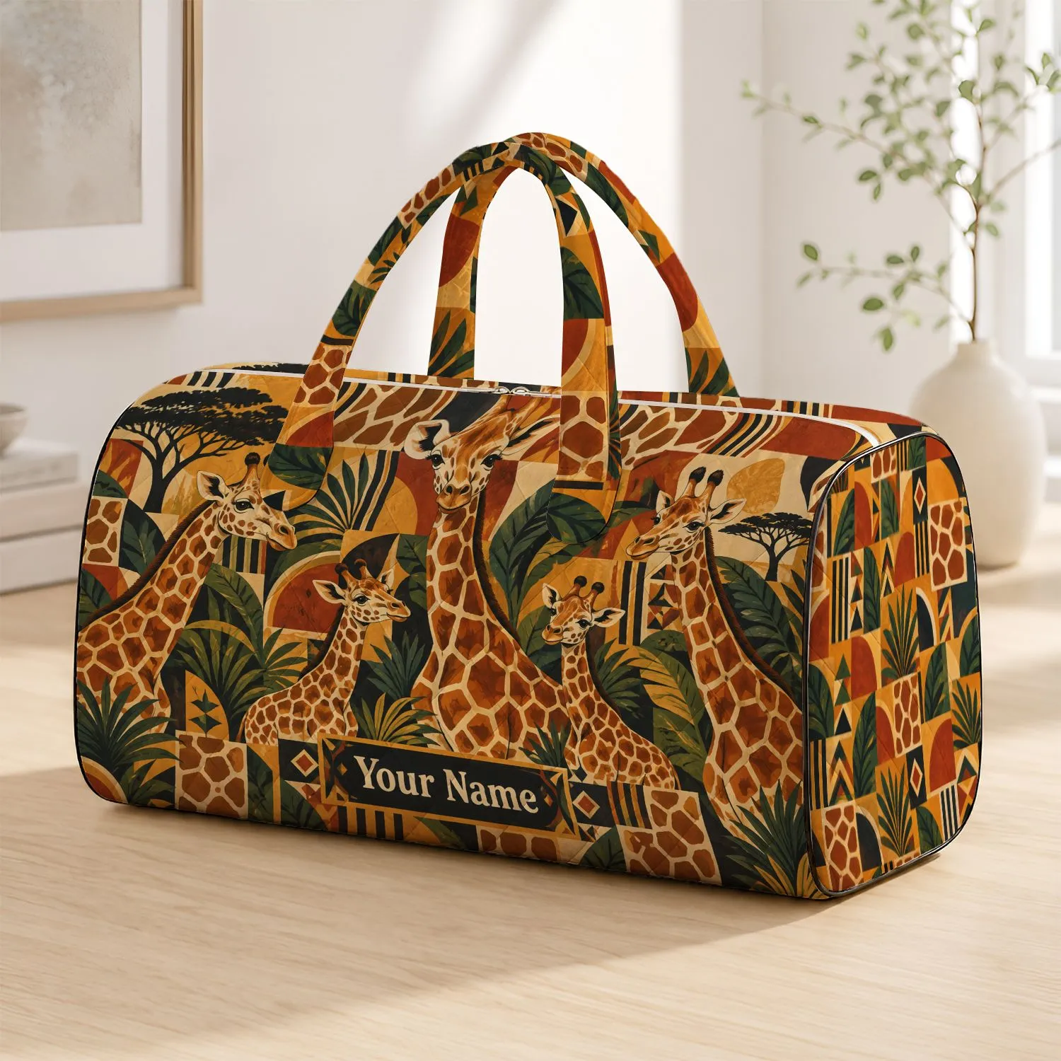 Retro Ochre Giraffe Motifs for Safari Travel, Weekend Getaways and Everyday Adventures Quilted Weekend Bag - 1