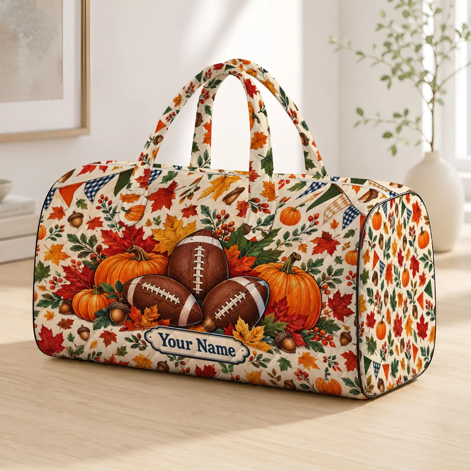 Autumn Footballs, Pumpkins and Maple Leaves for Cozy Fall Game Day Picnic Celebrations Quilted Weekend Bag - 1