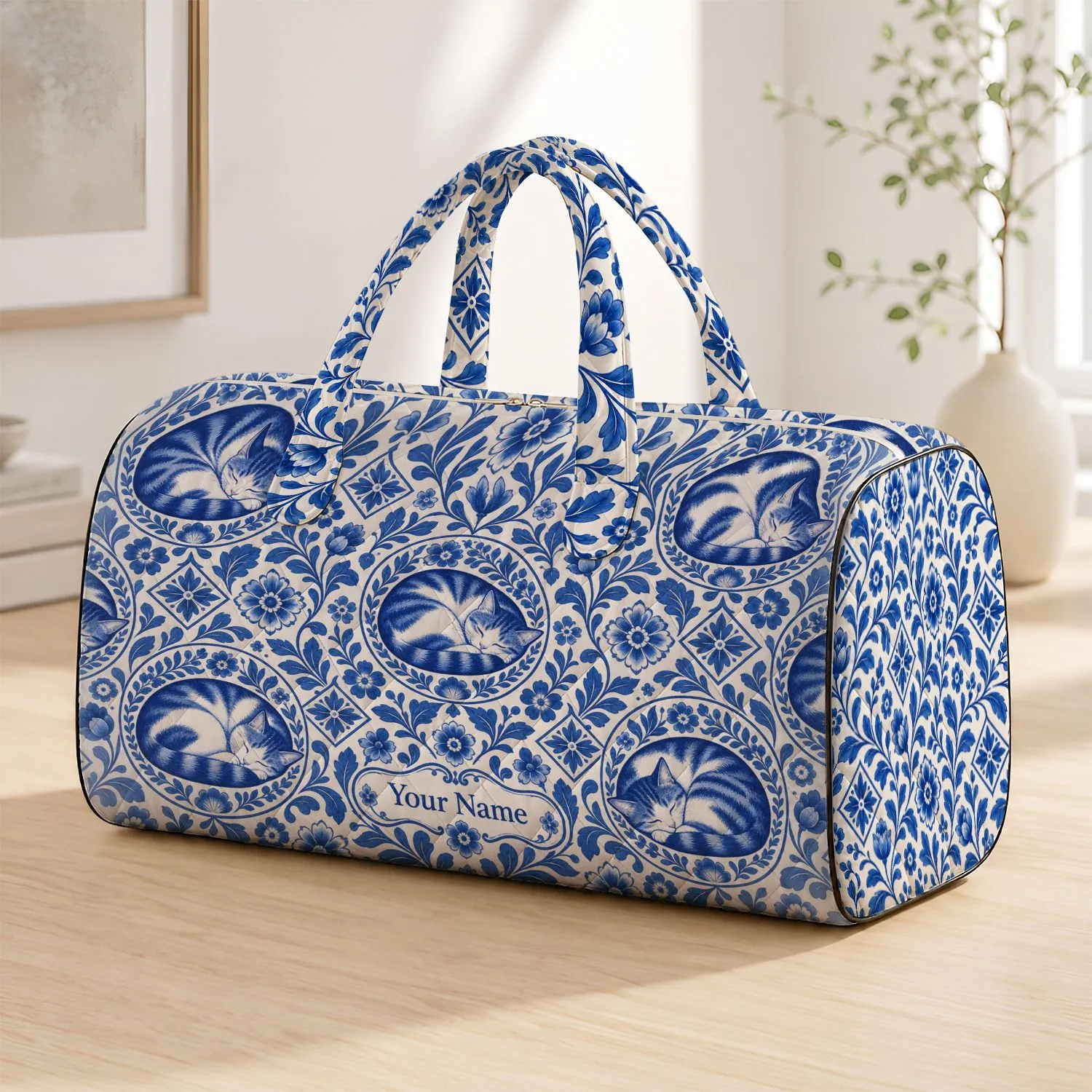 Cobalt Sleeping Cat Medallions for Coastal Getaways and Relaxed Beach Weekends Quilted Weekend Bag - 1