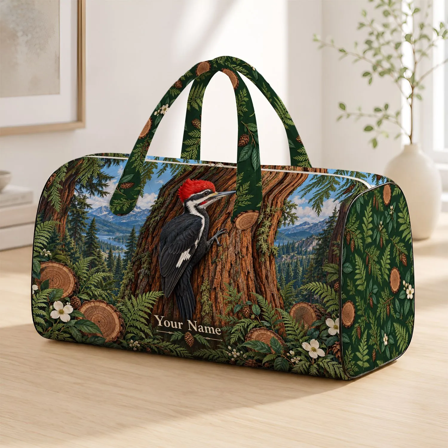 Pileated Woodpecker Redwood Forest Scene for Nature Lovers and Woodland Travelers Quilted Weekend Bag - 1
