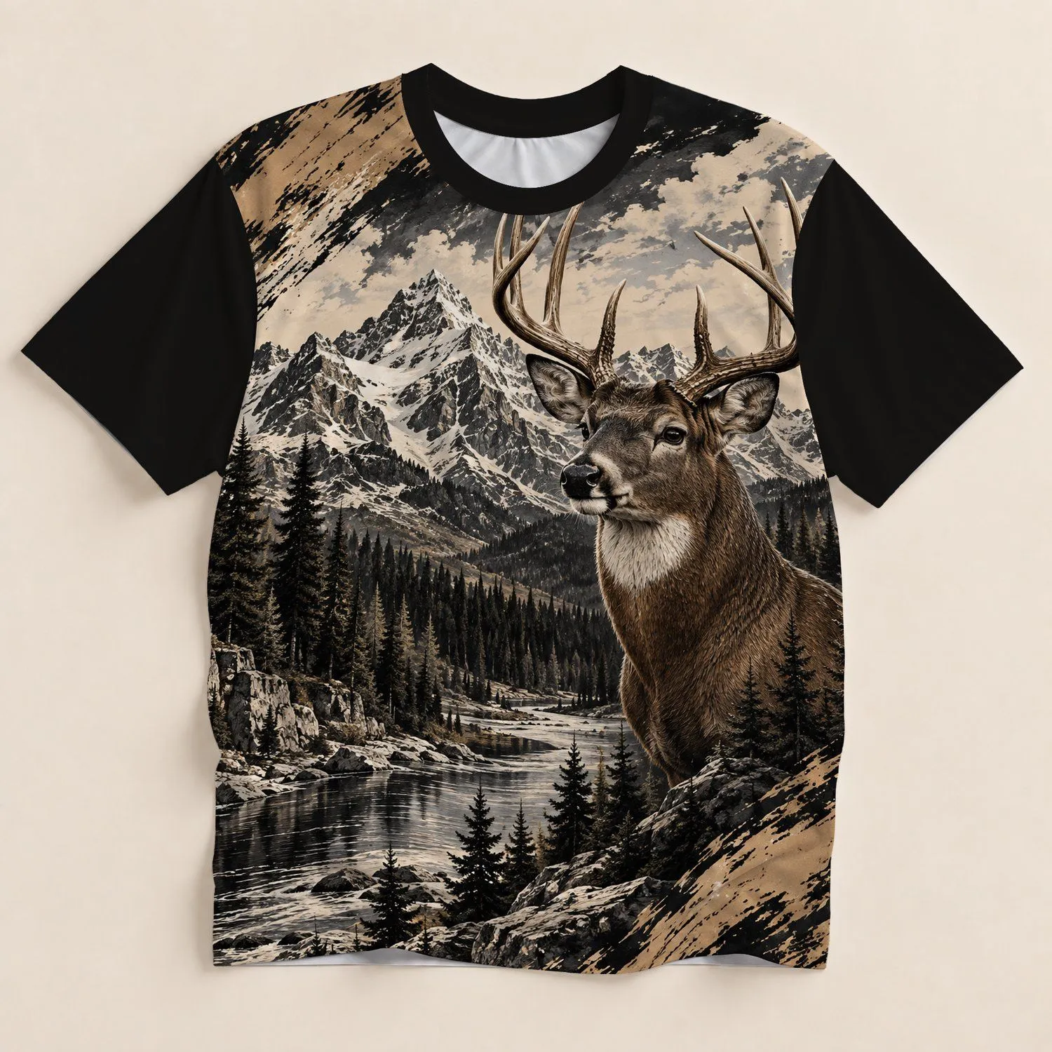 Deer Mountain Forest Scene for Hunting Trips and Everyday Outdoor Adventures All-over Print Unisex T-shirt - 1