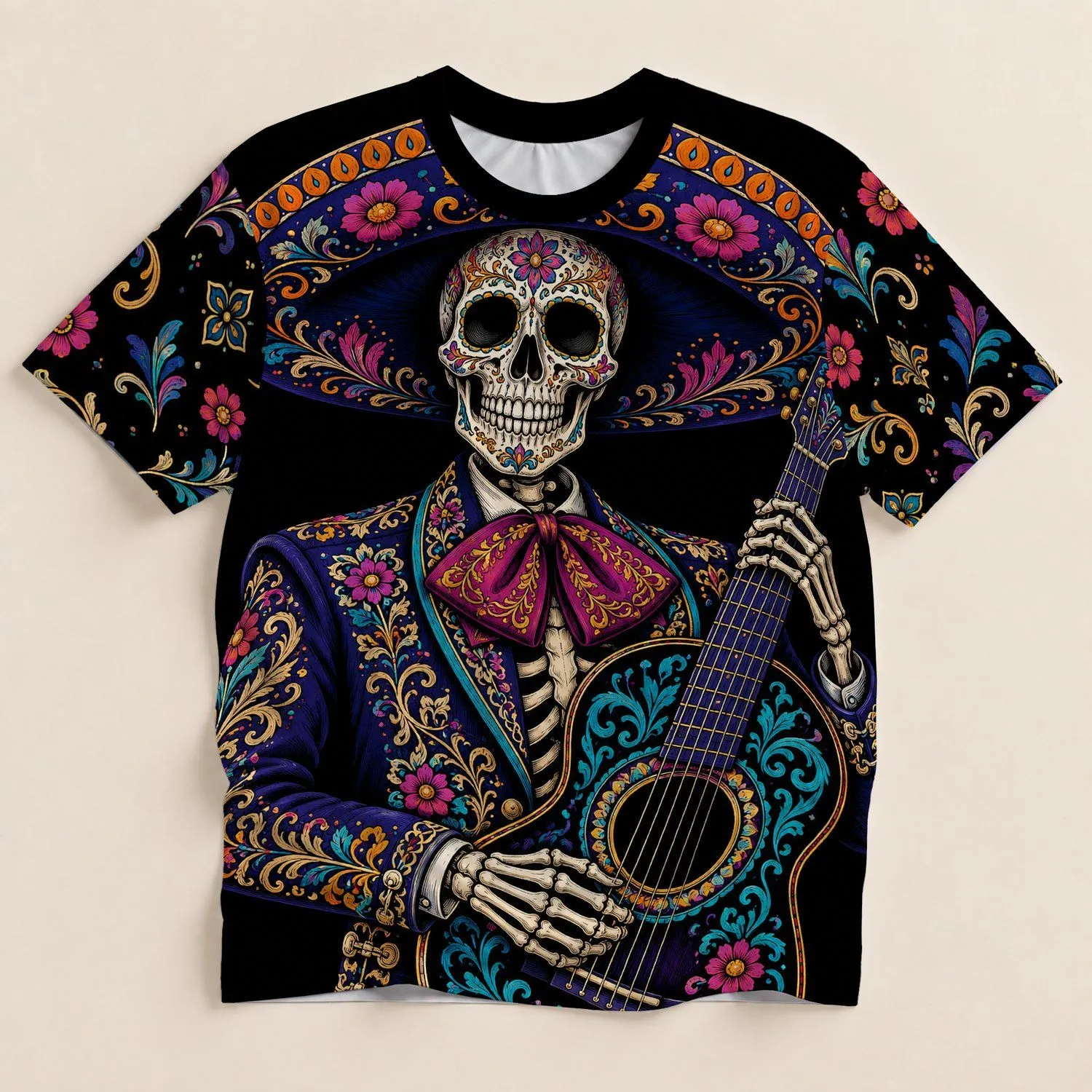 Neon Skeleton Mariachi with Guitar for Day of the Dead Celebrations and Nightlife All-over Print Unisex T-shirt - 1