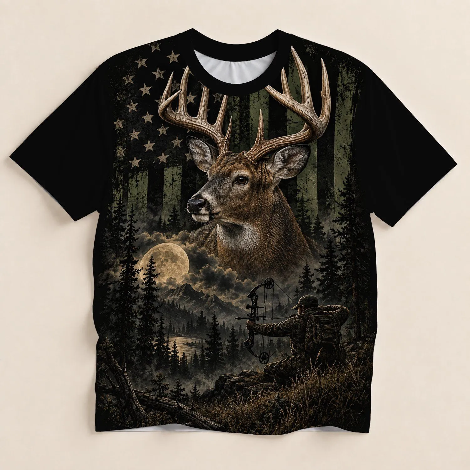 Whitetail Buck and Bowhunter American Flag Scene for Rugged Outdoor Hunting Enthusiasts All-over Print Unisex T-shirt - 1