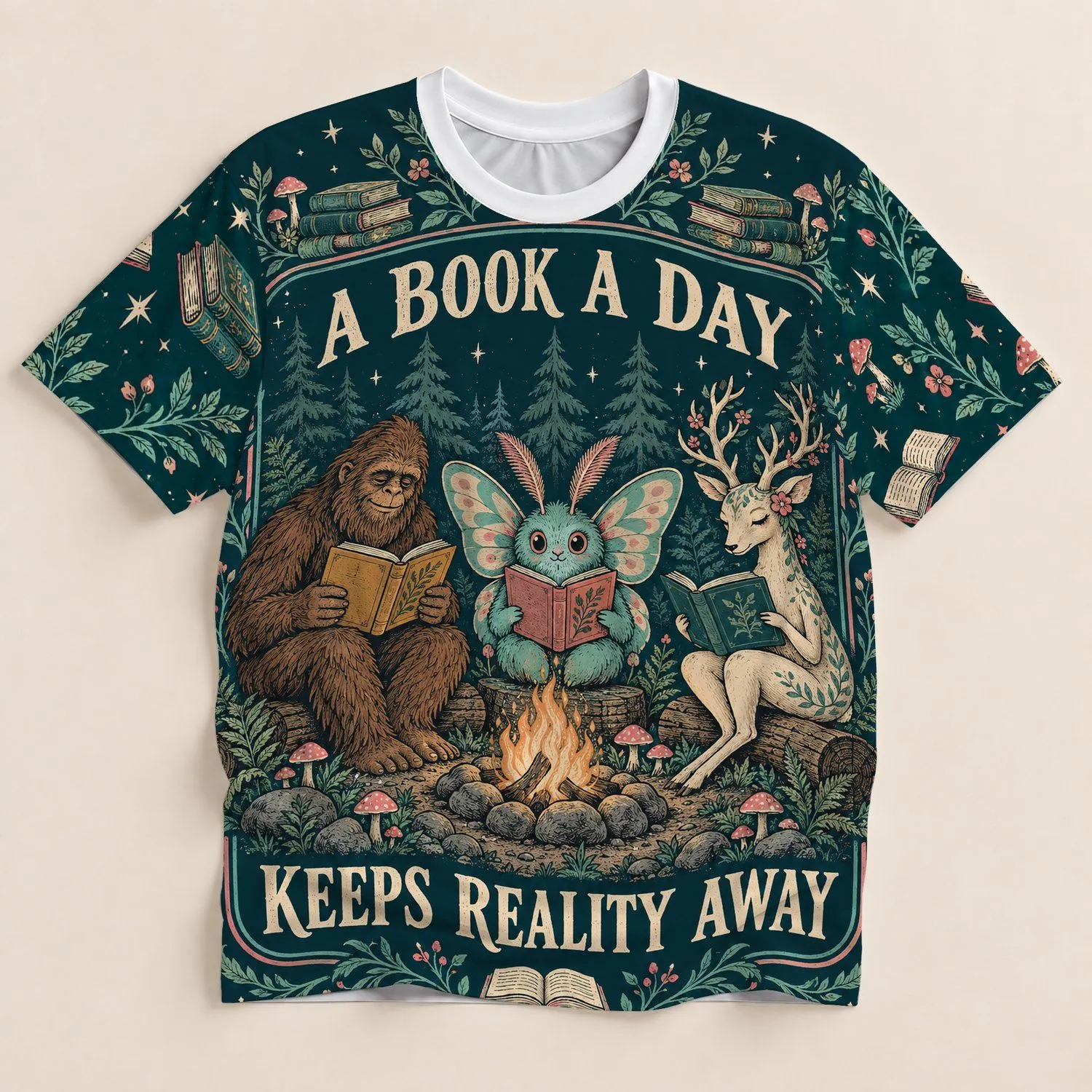 Woodland Readers and Campfire Story for Cozy Halloween Book Lovers All-over Print Unisex T-shirt - 1