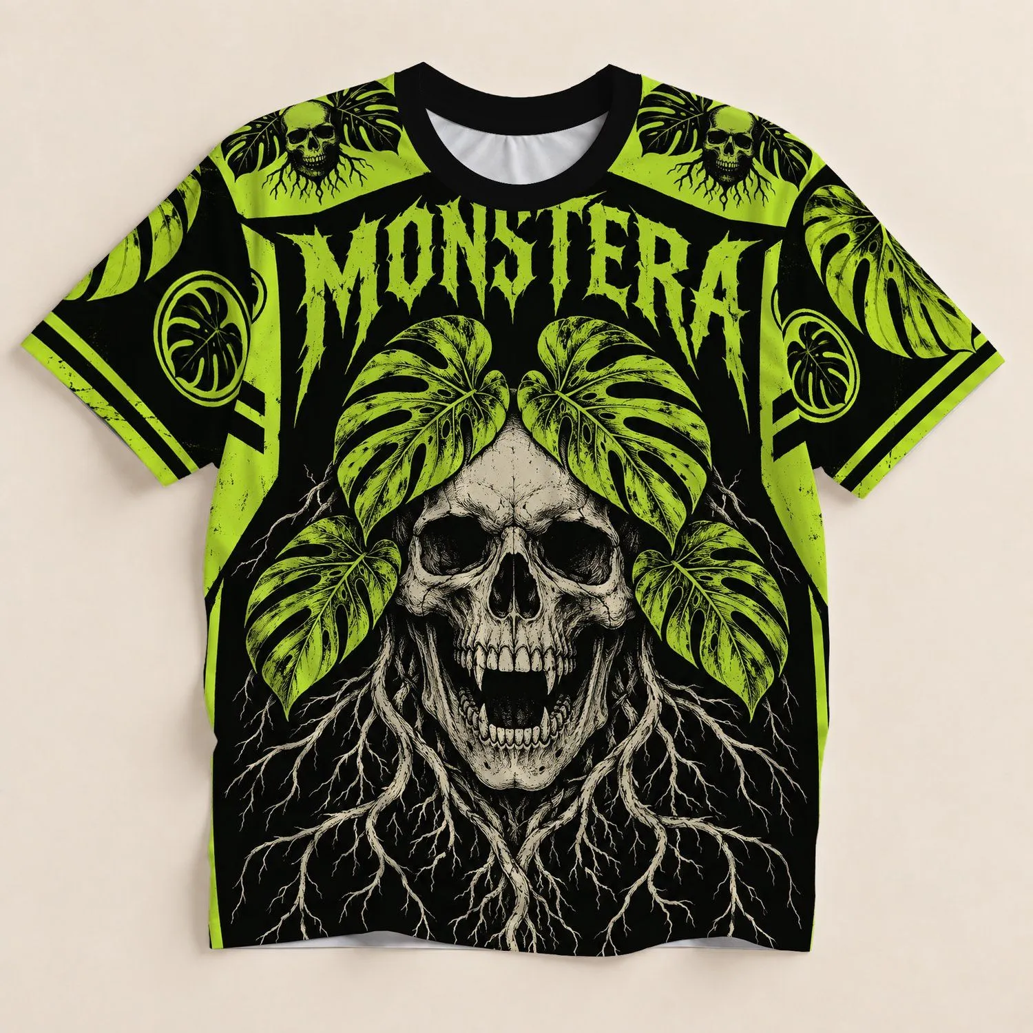 Skull and Monstera Gothic Look for Halloween Parties and Plant Lovers All-over Print Unisex T-shirt - 1