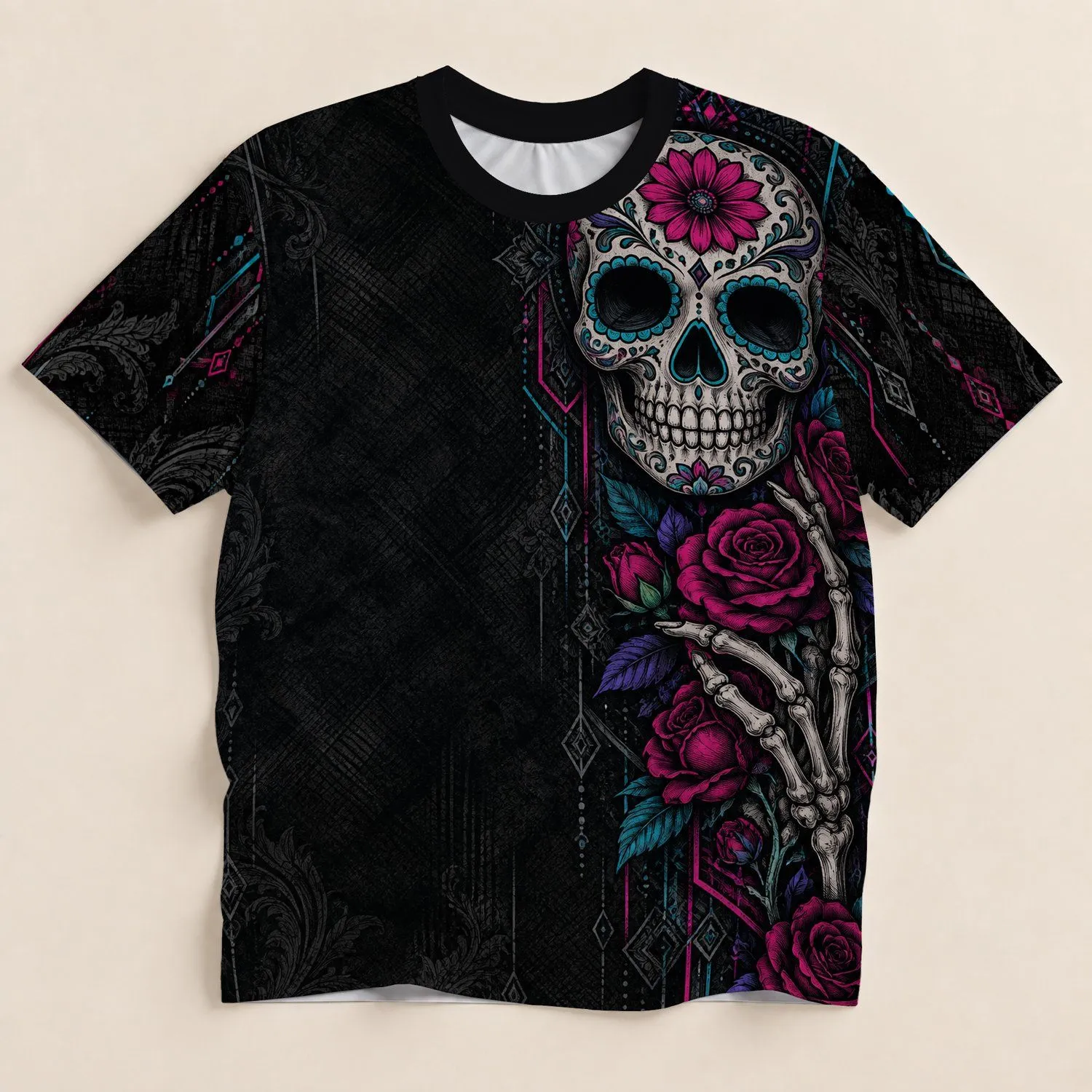 Neon Sugar Skull and Roses for Day of the Dead Celebrations and Gothic Nightlife All-over Print Unisex T-shirt - 1
